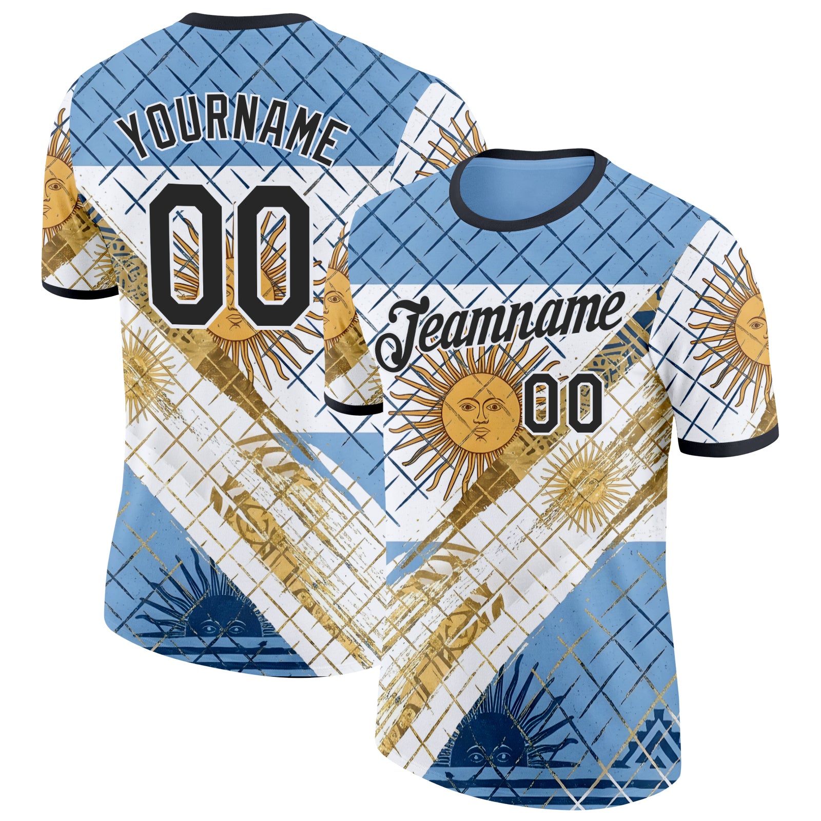 Custom Blue Black-White Argentina Sun Line Performance T-Shirt
