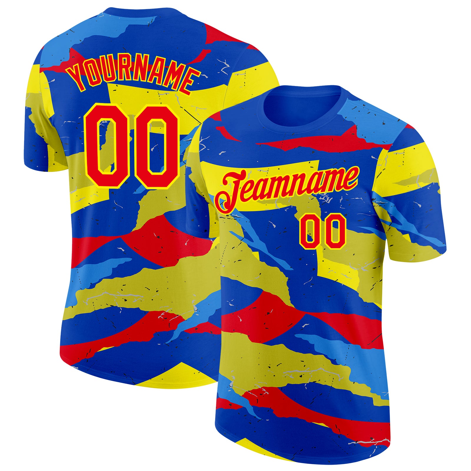 Custom Blue Fire Red-Light Yellow Ecuador Splash Performance T-Shirt