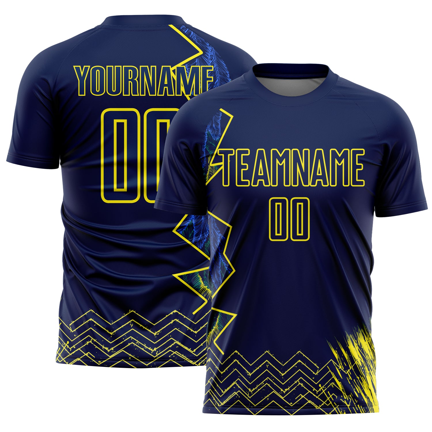 Custom Blue Light Yellow Brasil Zigzag Tropical Palm Leaves Sublimation Soccer Uniform Jersey