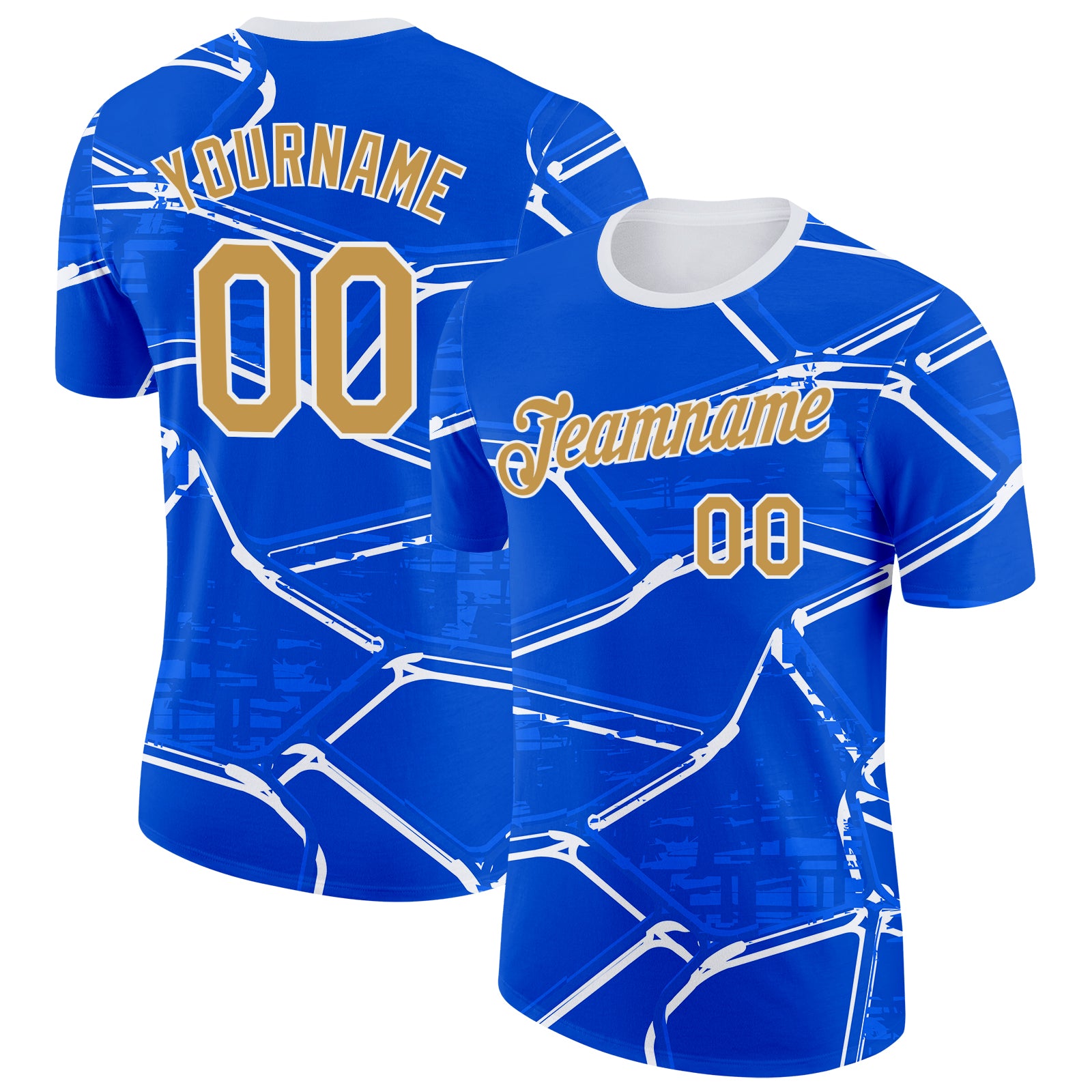 Custom Blue Old Gold-White Uruguay Abstract Geometric Net Performance T-Shirt