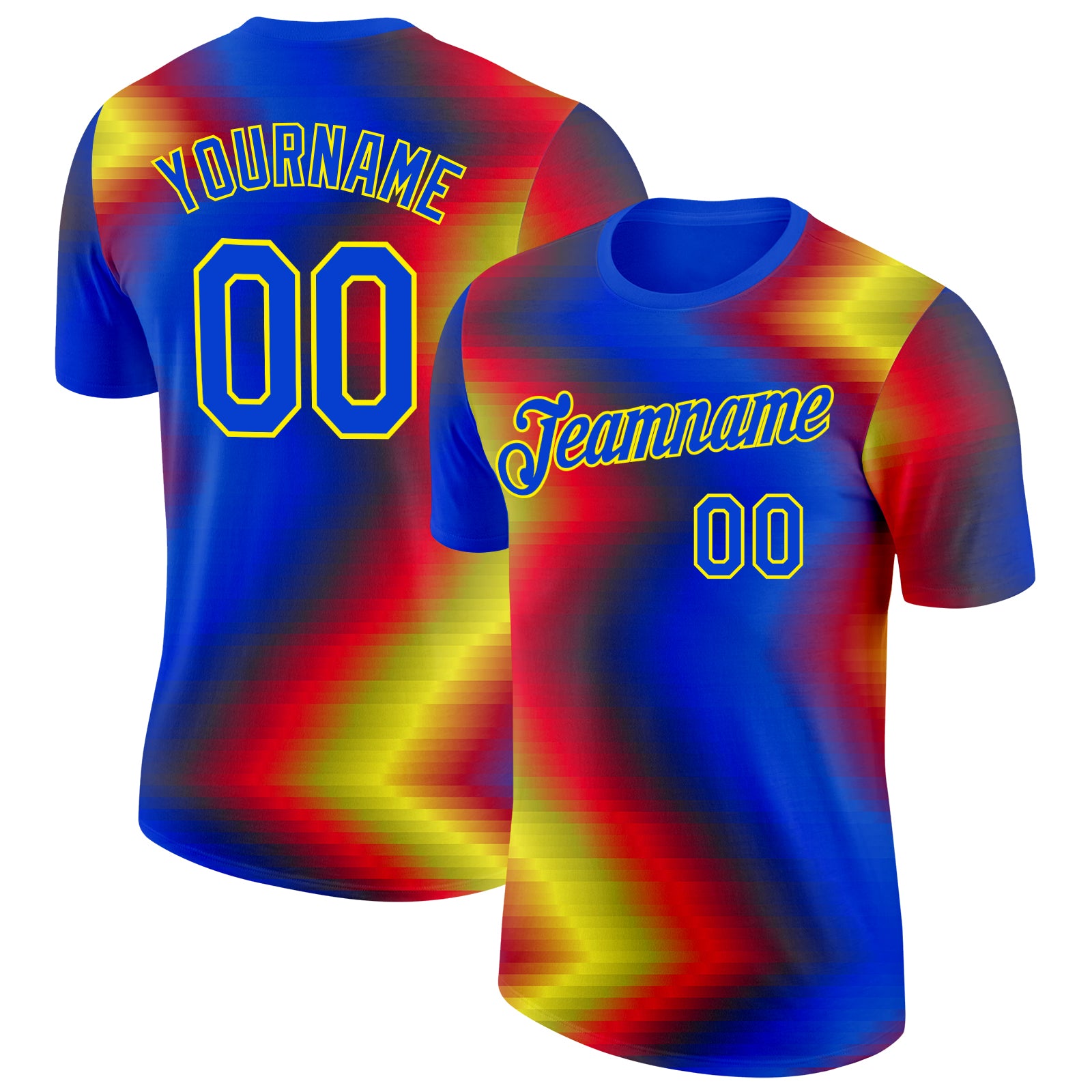 Custom Blue Red Yellow-Black Spain Pixel Gradient Performance T-Shirt
