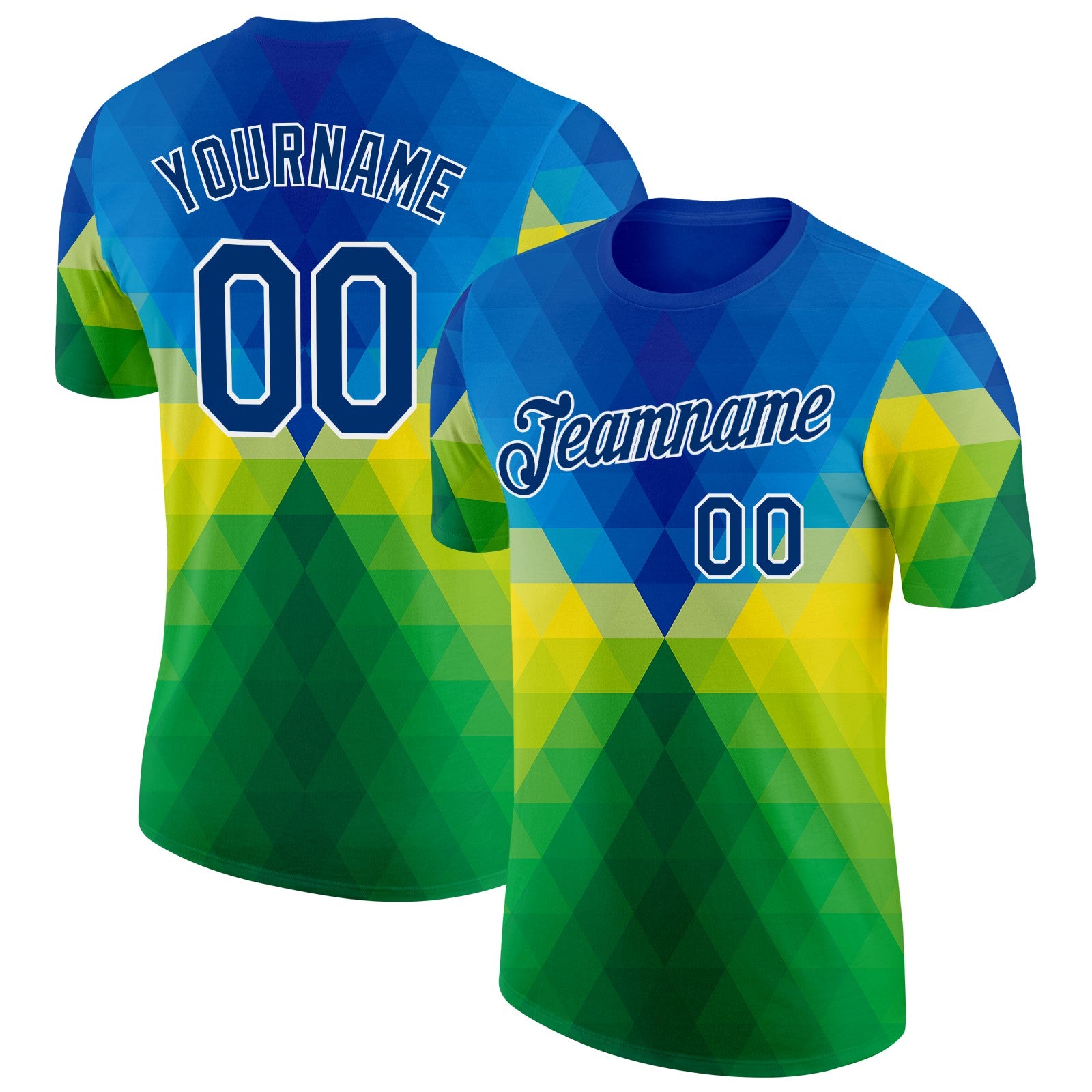 Custom Blue US Navy Blue Green Yellow-White Brazil Gradient Geometric Shape Performance T-Shirt