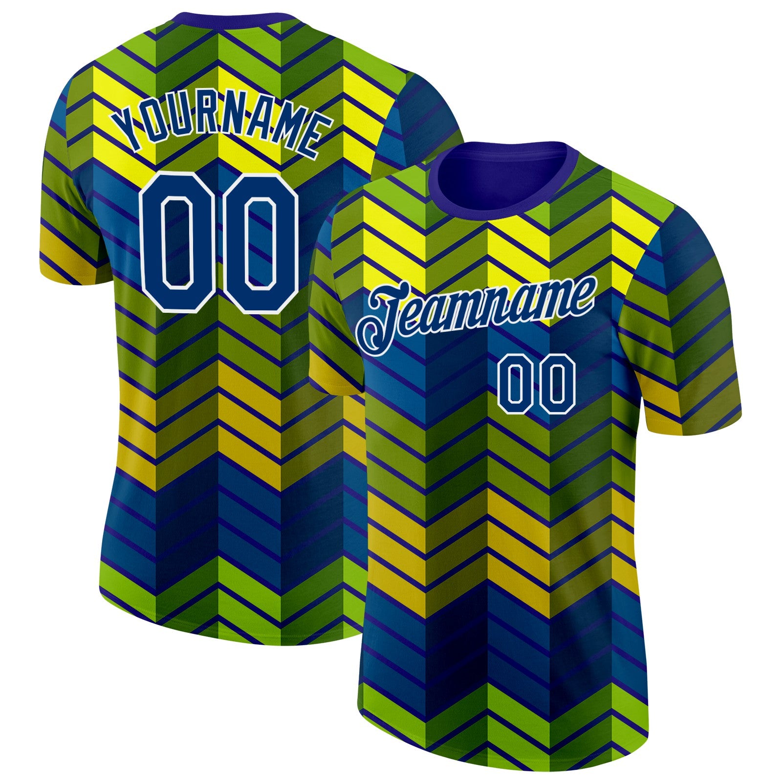 Custom Blue US Navy Blue Yellow Green-White Brazil Zigzag Geometric Shape Performance T-Shirt