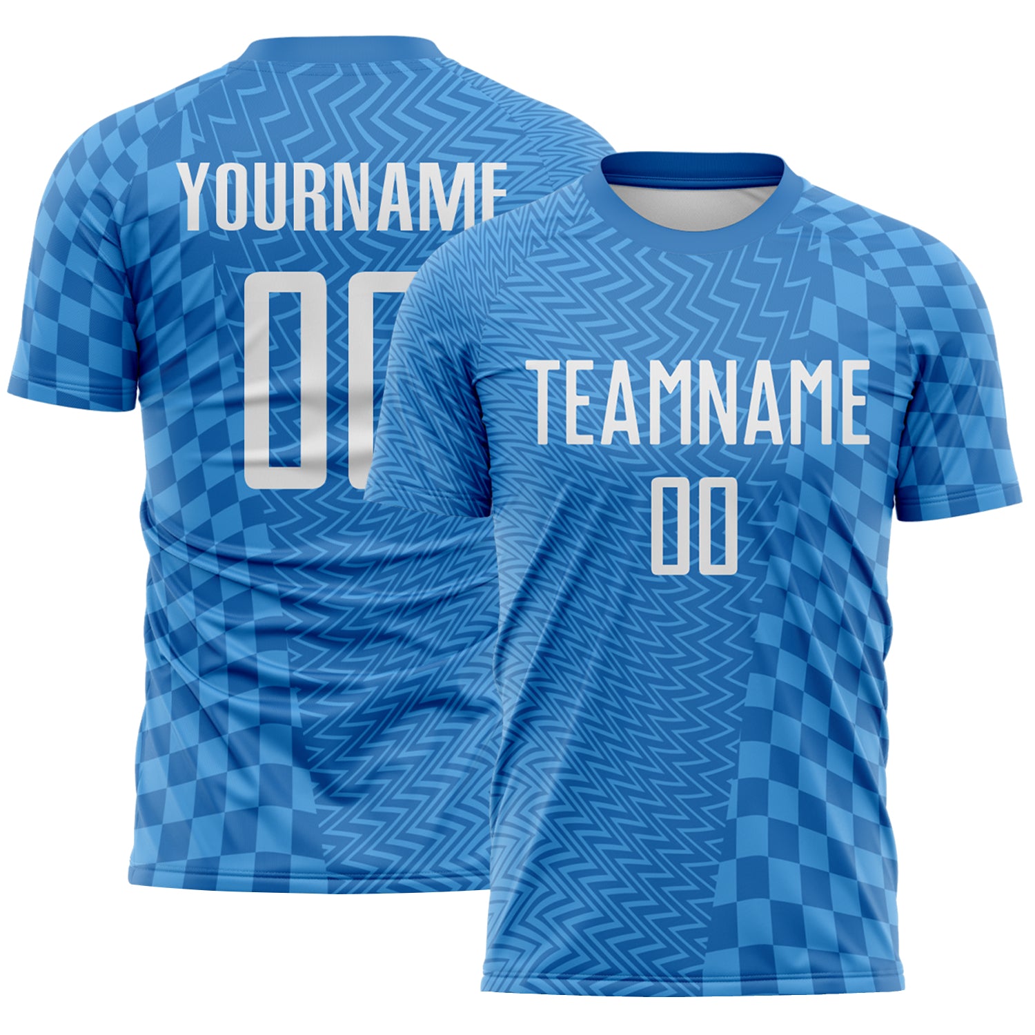 Custom Blue-White Geometric Patchwork Asymmetry Checkered Zigzag Lines Sublimation Soccer Uniform Jersey