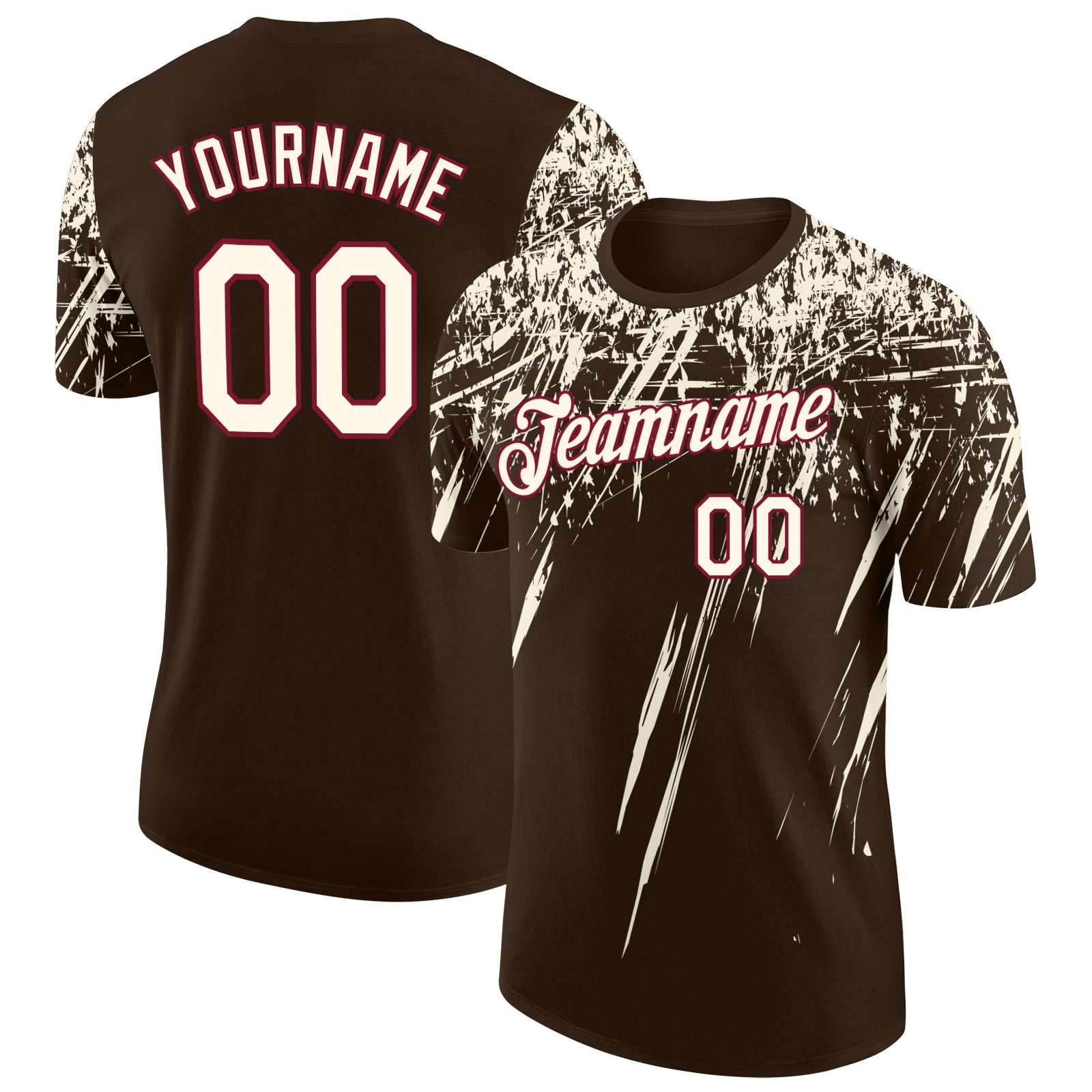 Custom Brown Cream-Crimson Distressed Scratch Brush Stroke Performance T-Shirt