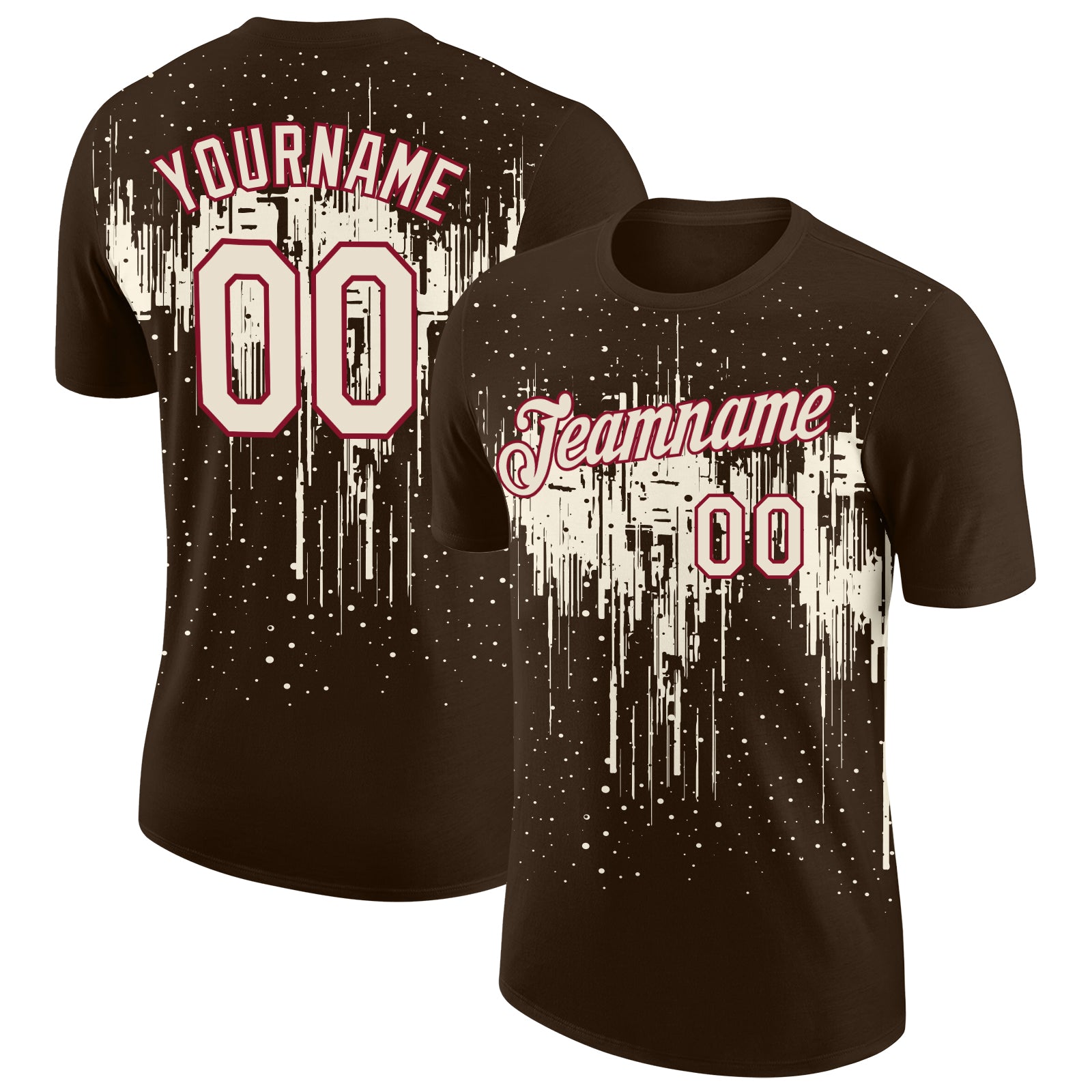 Custom Brown Cream-Crimson Dripping Splatter Paint Performance T-Shirt