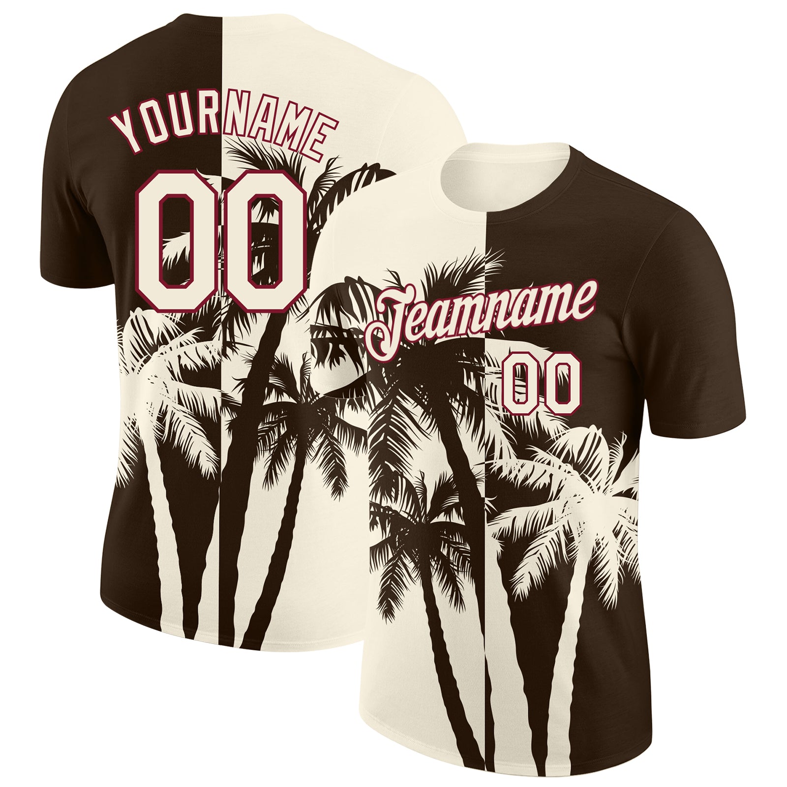 Custom Brown Cream-Crimson Hawaii Tropical Coastal Palm Trees Performance T-Shirt
