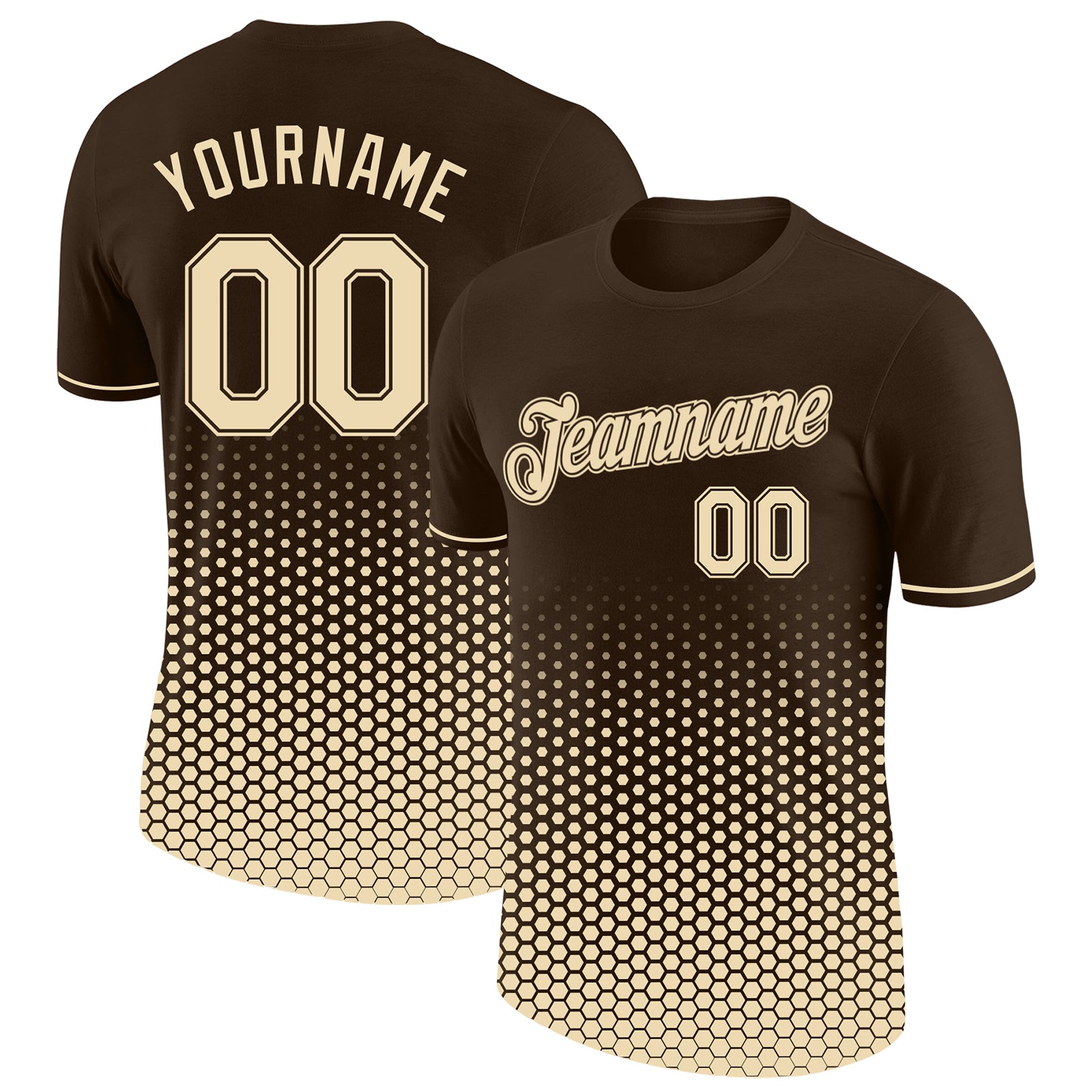 Custom Brown-Cream Geometric Hexagonal Dot Gradient Performance T-Shirt