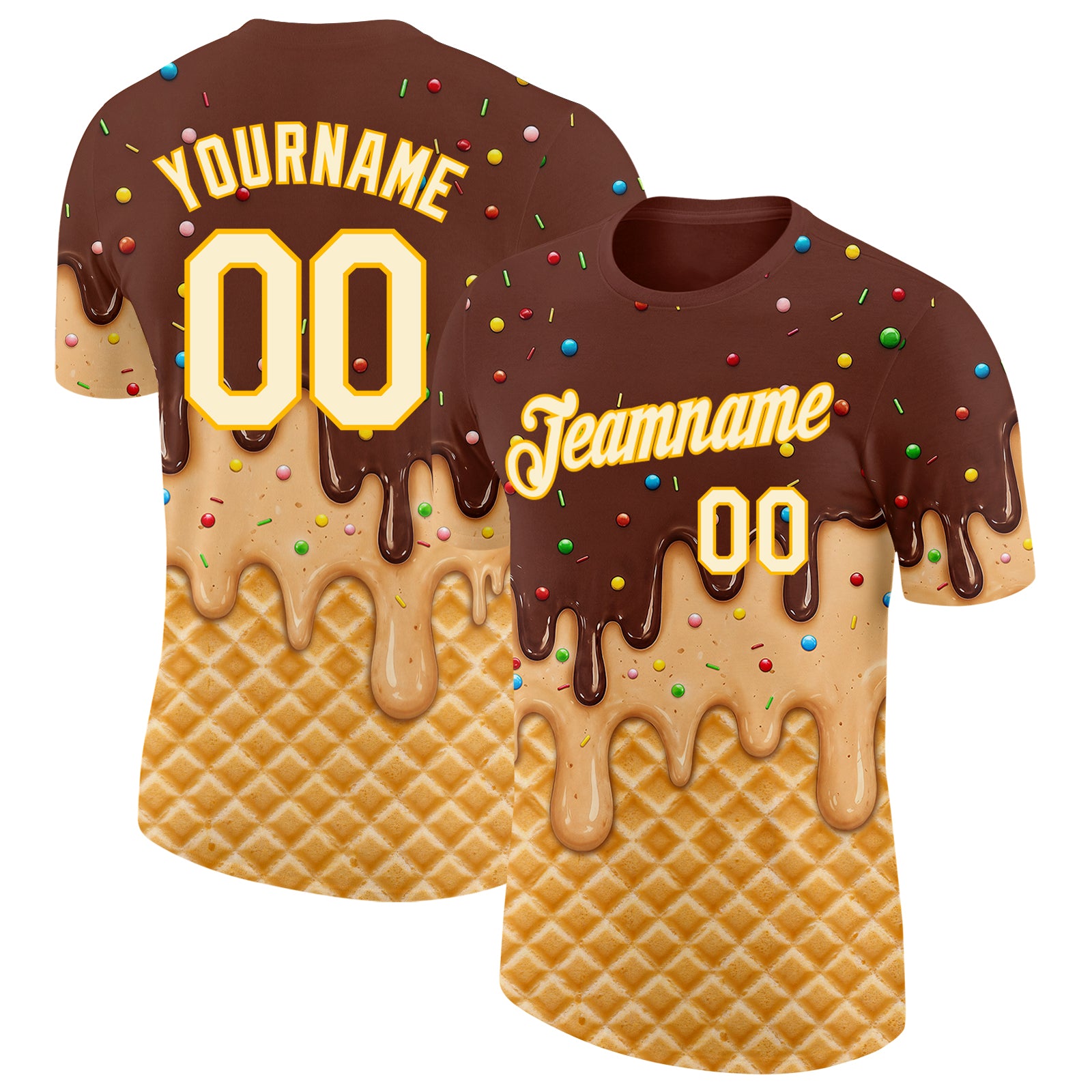 Custom Brown Cream-Gold Ice Cream Waffle Foodie Dessert Performance T-Shirt
