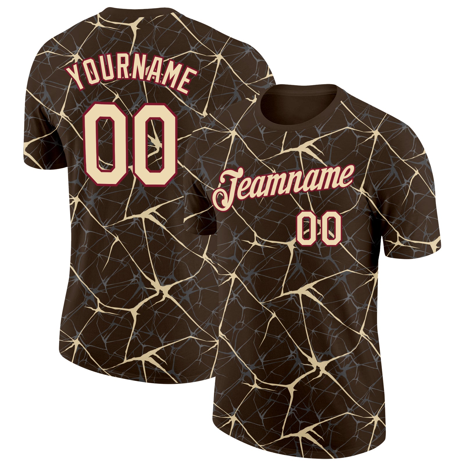 Custom Brown Cream Gray-Crimson Abstract Network Crackle Performance T-Shirt