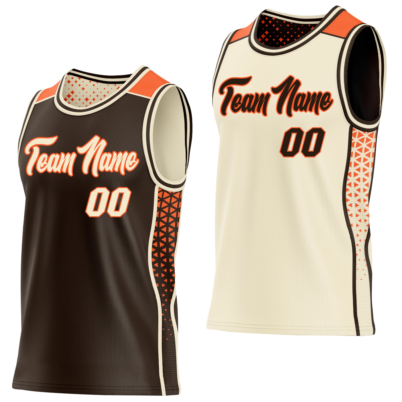 Custom Brown Cream-Orange Side Panel Stripe Geometric Triangle Gradient Dot Reversible Double Side Sublimation Basketball Set Jersey