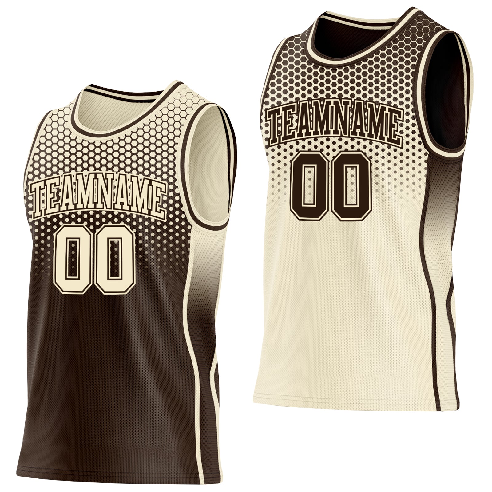 Custom Brown-Cream Side Panel Stripe Gradient Geometric Honeycomb Reversible Double Side Sublimation Basketball Set Jersey