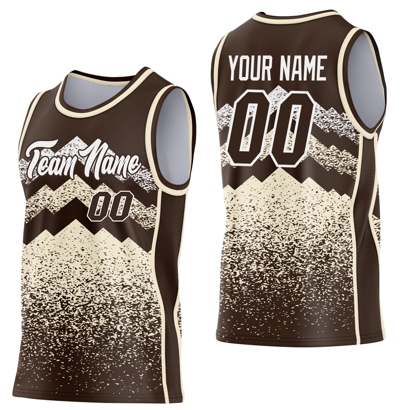 Custom Brown Cream-White Mountain Peak Shards Side Panel Stripe Round Neck Sublimation Basketball Set Jersey