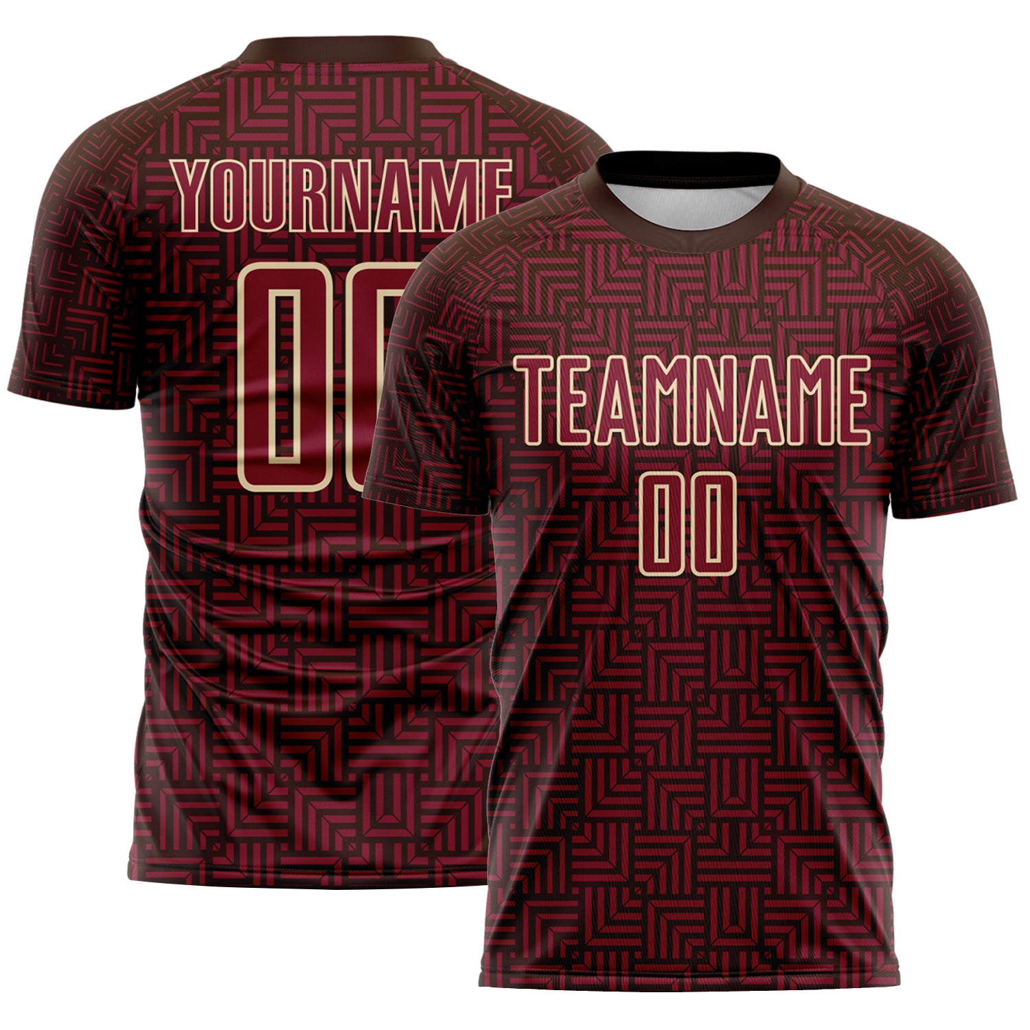 Custom Brown Crimson-Cream Geometric Maze Interlocking Square Sports Sublimation Soccer Uniform Jersey