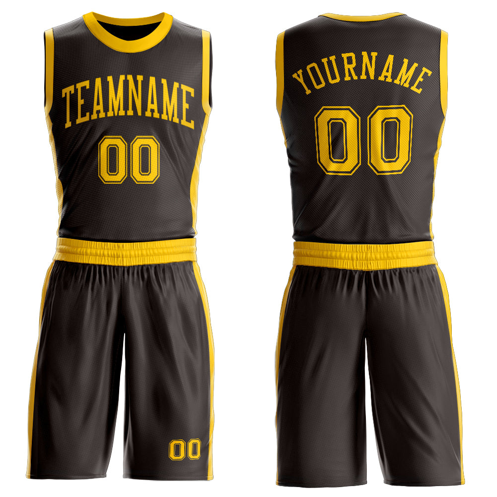 Custom Brown Gold Round Neck Suit Basketball Jersey