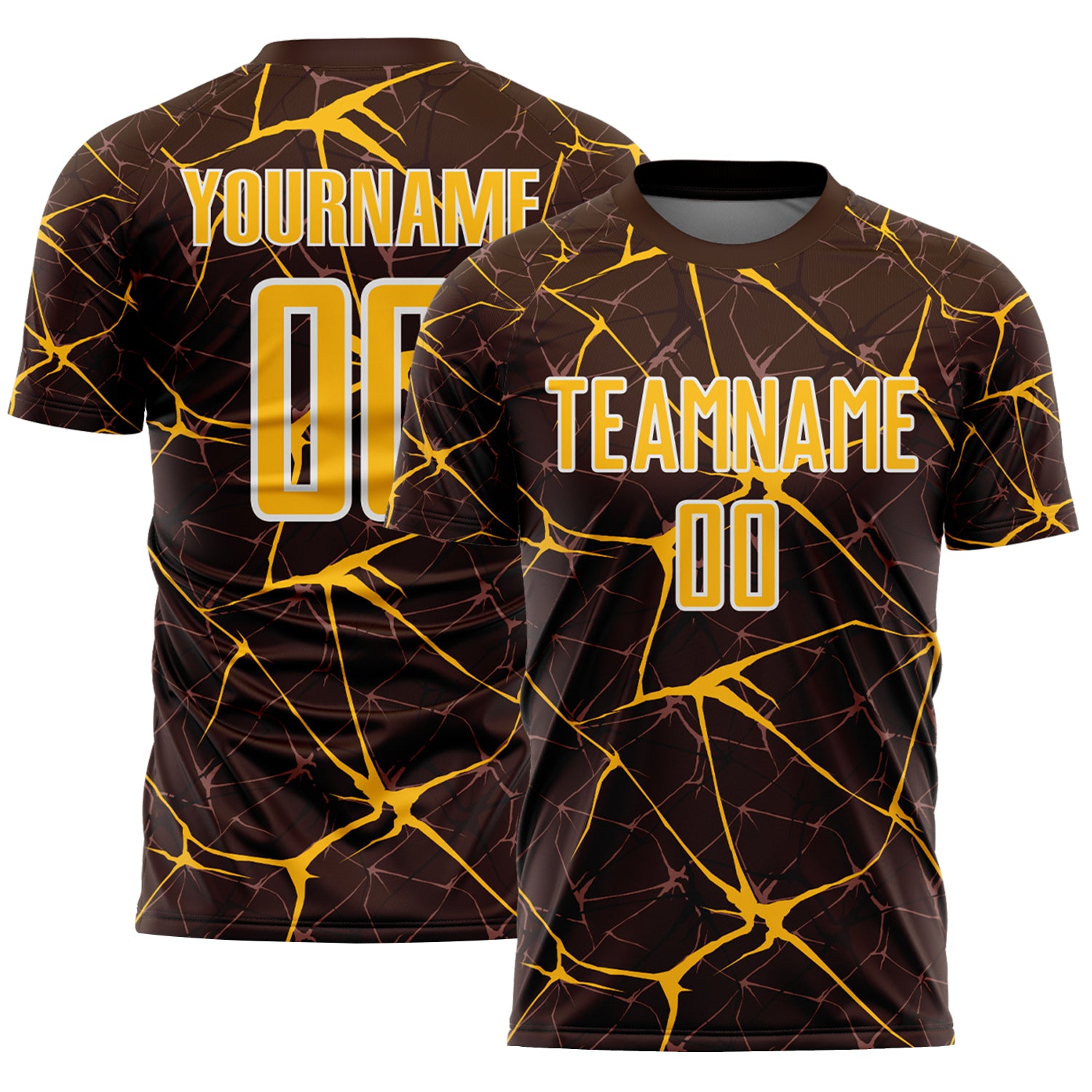 Custom Brown Gold-White Abstract Network Crackle Sublimation Soccer Uniform Jersey