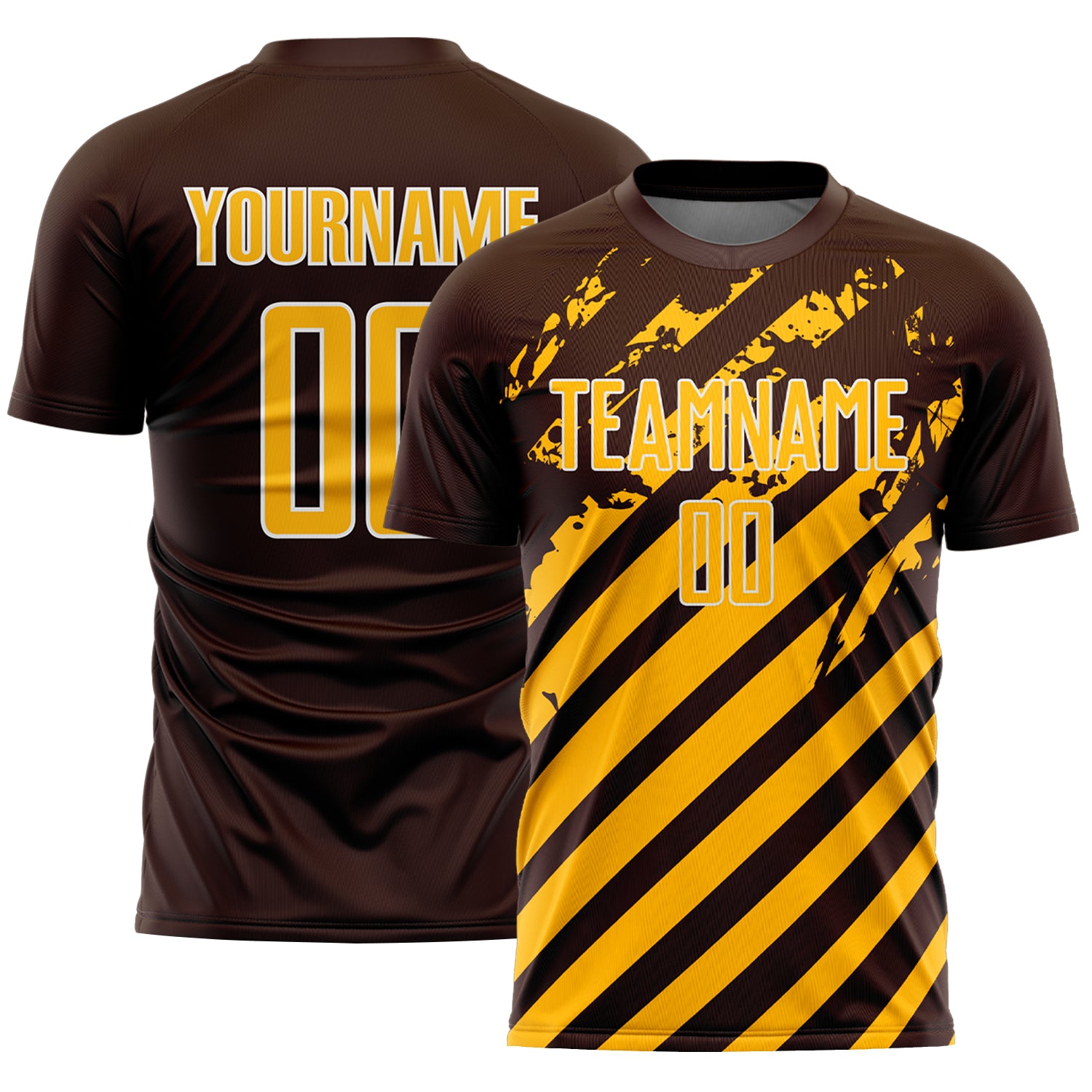Custom Brown Gold-White Distressed Diagonal Stripe Pattern Sports Sublimation Soccer Uniform Jersey