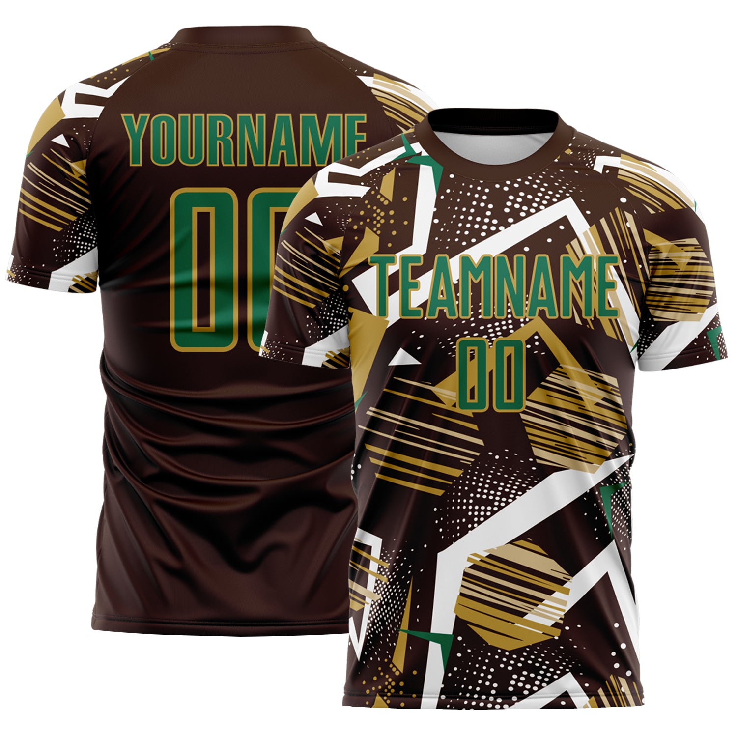 Custom Brown Kelly Green White-Old Gold Geometric Asymmetry Shatter Sublimation Soccer Uniform Jersey