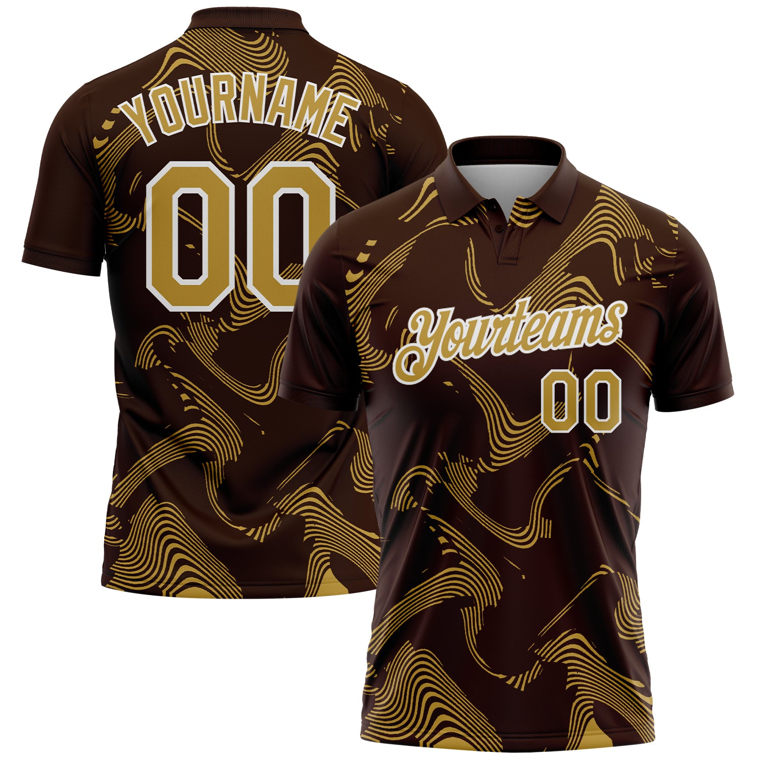Custom Brown Old Gold-White 3D Pattern Abstract Fluid Swirl Line Performance Polo Shirt