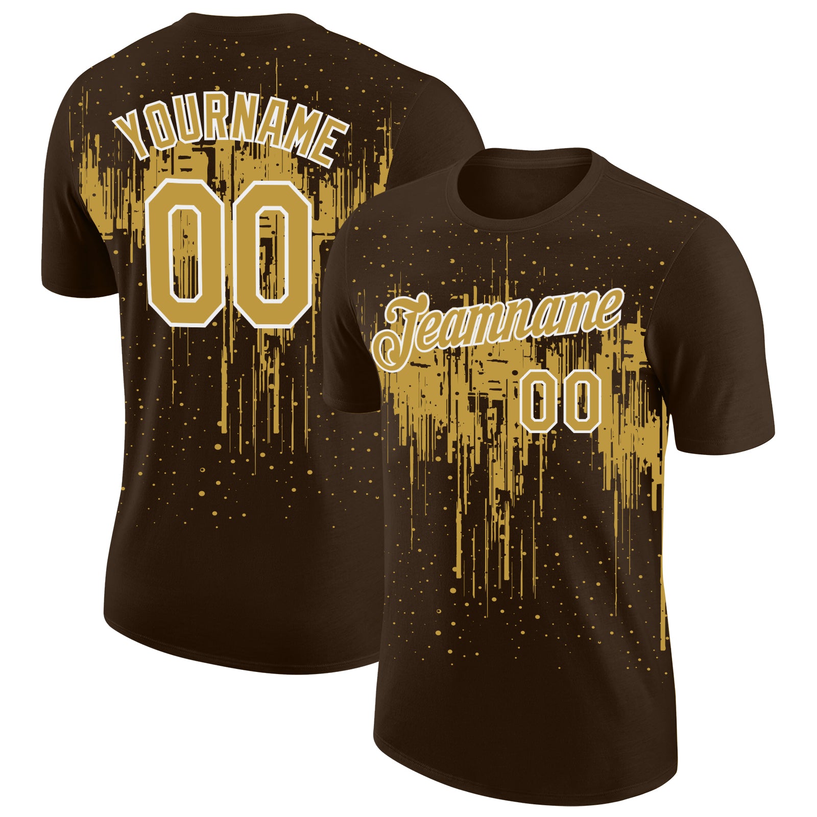 Custom Brown Old Gold-White Dripping Splatter Paint Performance T-Shirt