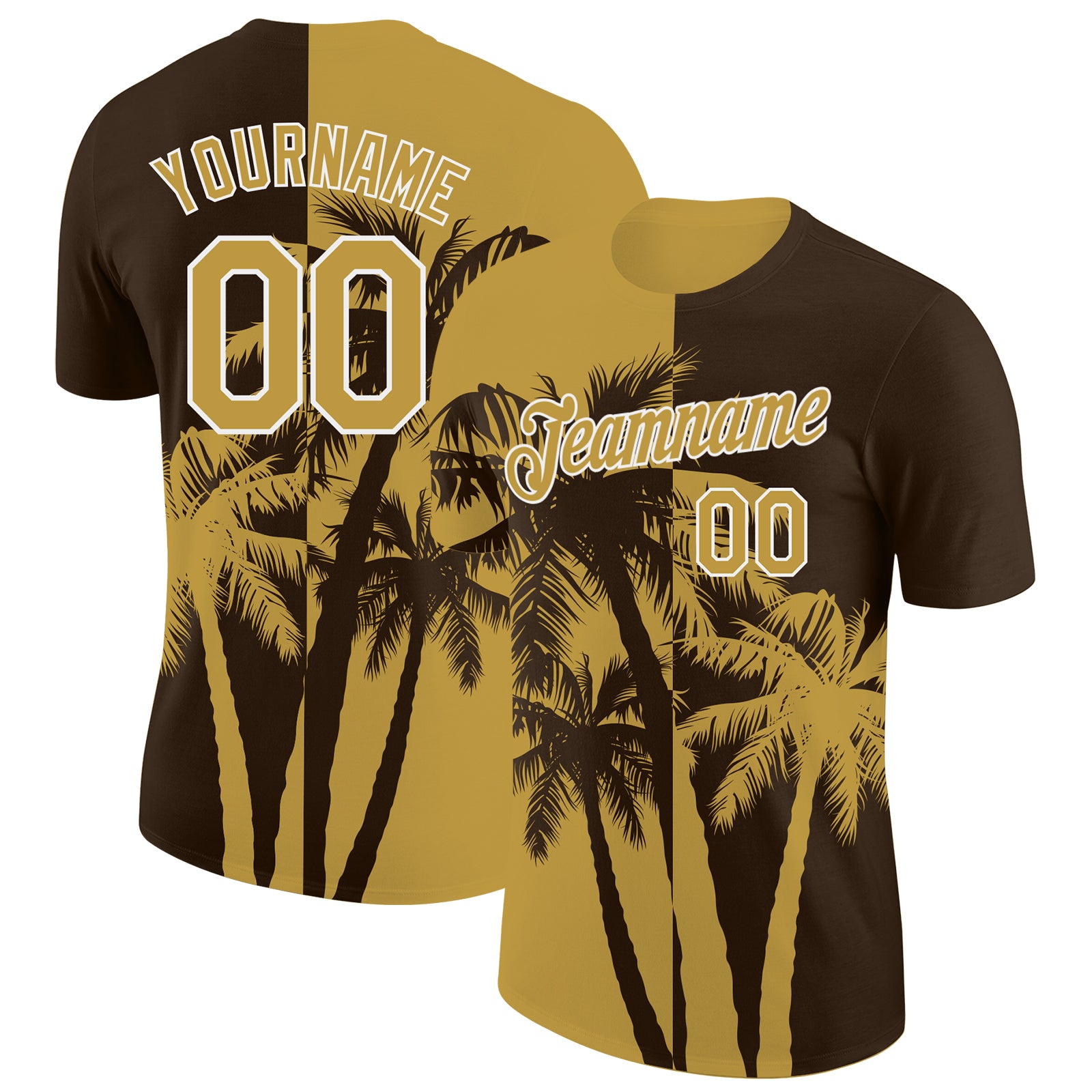 Custom Brown Old Gold-White Hawaii Tropical Coastal Palm Trees Performance T-Shirt