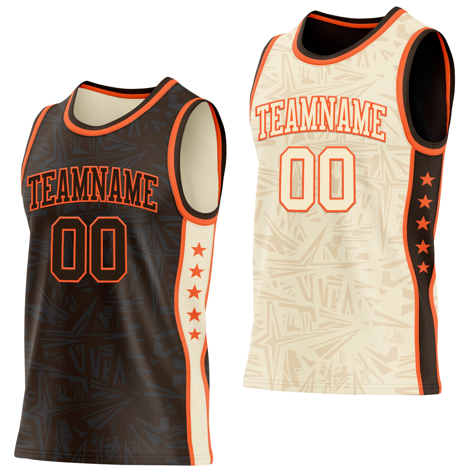Custom Brown Orange-Cream Side Panel Stripe Stars Geometric Shatter Starburst Reversible Double Side Sublimation Basketball Set Jersey
