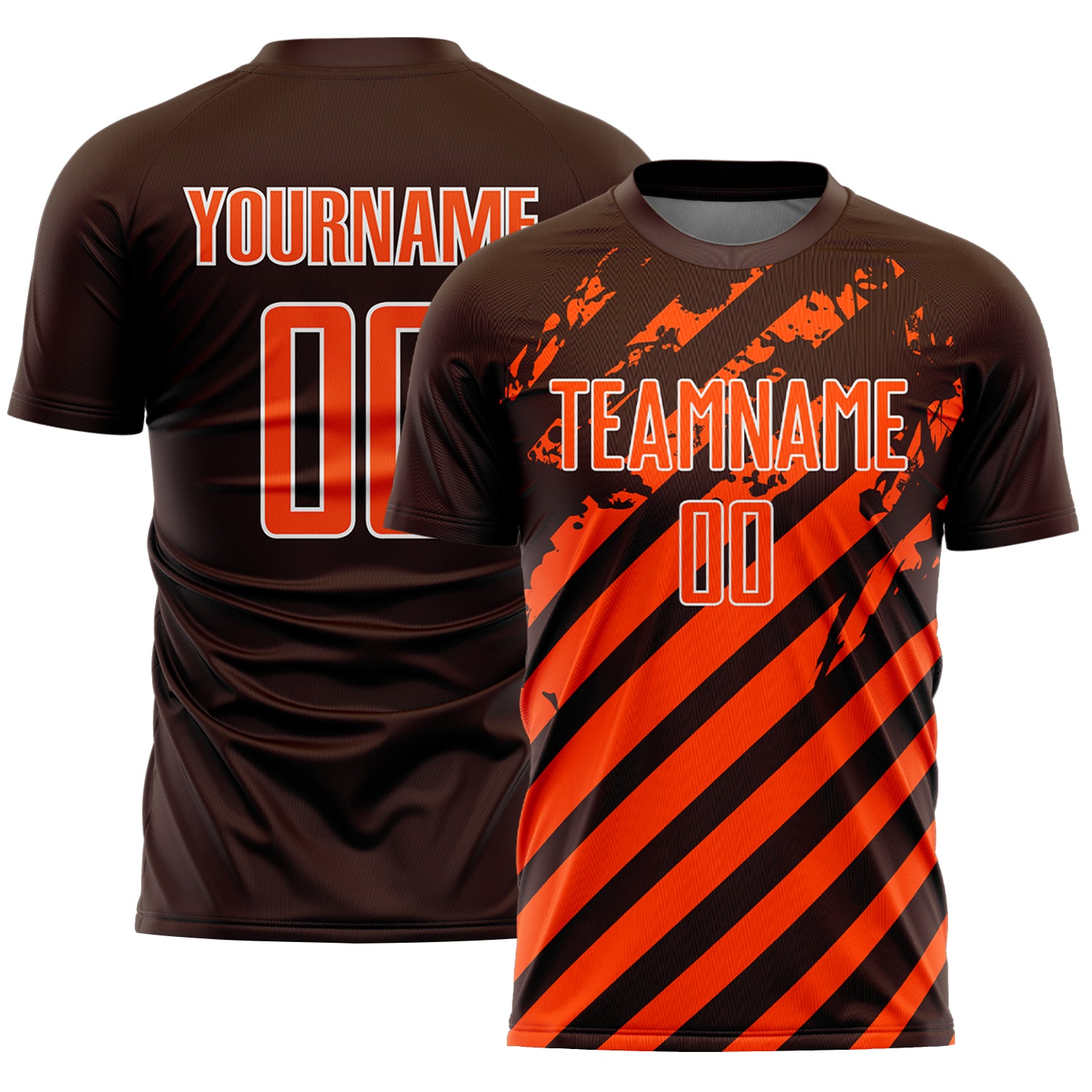 Custom Brown Orange-White Distressed Diagonal Stripe Pattern Sports Sublimation Soccer Uniform Jersey