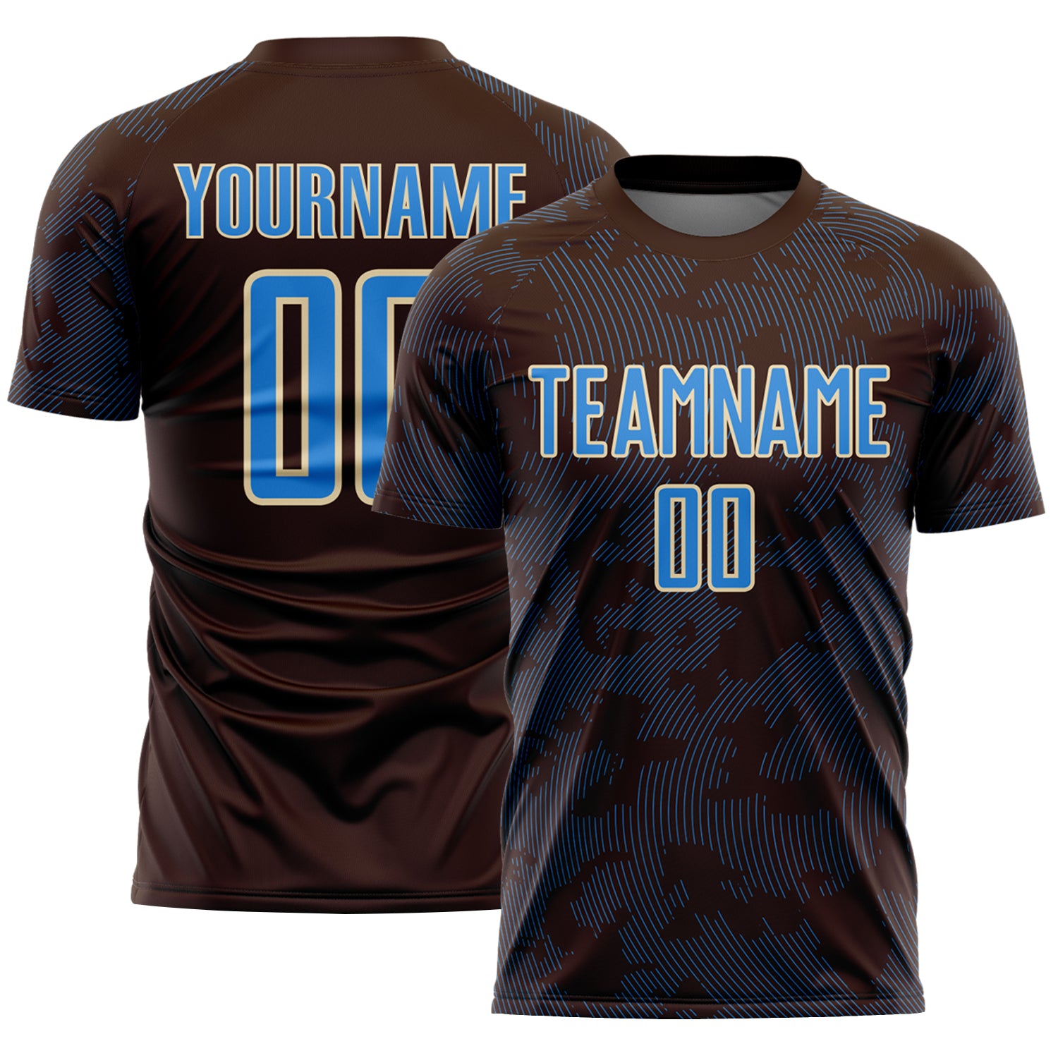 Custom Brown Powder Blue-Cream Curve Lines Sublimation Soccer Uniform Jersey