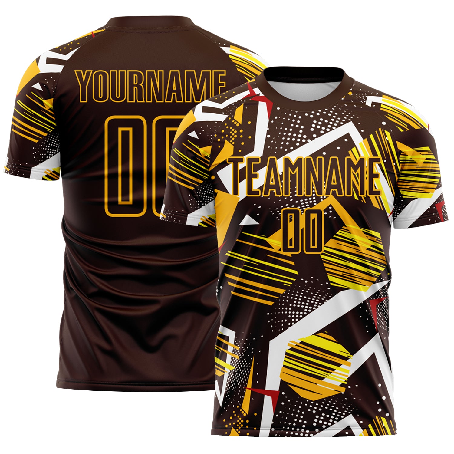 Custom Brown Red White-Gold Geometric Asymmetry Shatter Sublimation Soccer Uniform Jersey