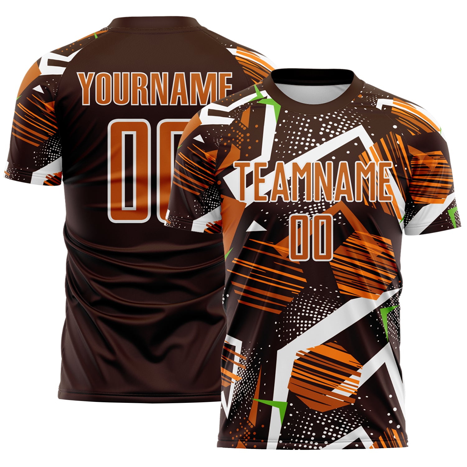 Custom Brown Texas Orange Neon Green-White Geometric Asymmetry Shatter Sublimation Soccer Uniform Jersey
