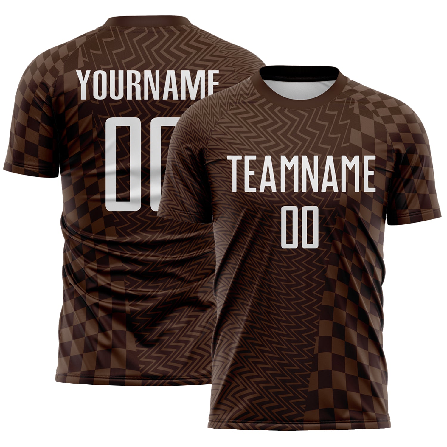Custom Brown-White Geometric Patchwork Asymmetry Checkered Zigzag Lines Sublimation Soccer Uniform Jersey