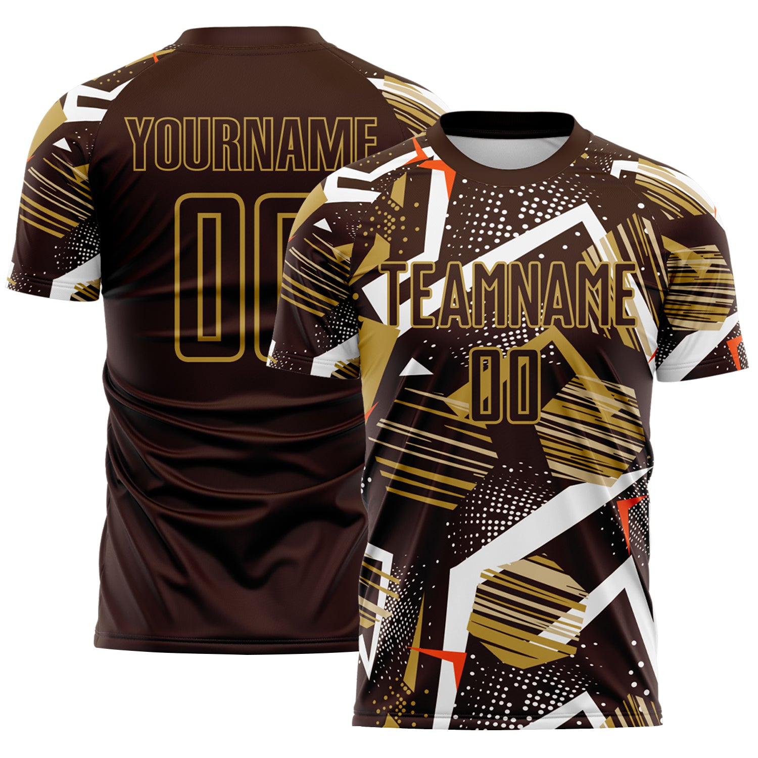 Custom Brown White Orange-Old Gold Geometric Asymmetry Shatter Sublimation Soccer Uniform Jersey