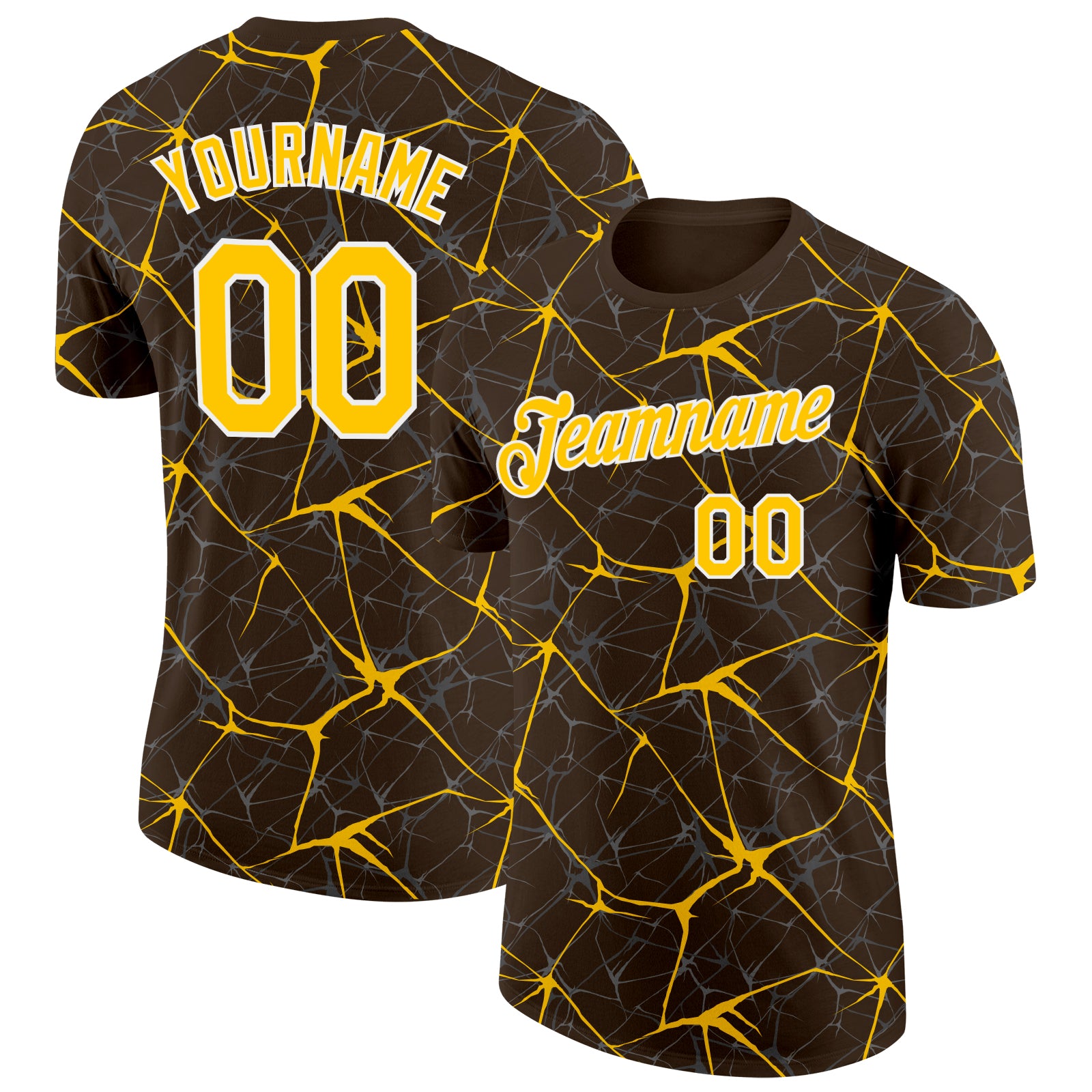 Custom Brown Yellow Gray-White Abstract Network Crackle Performance T-Shirt