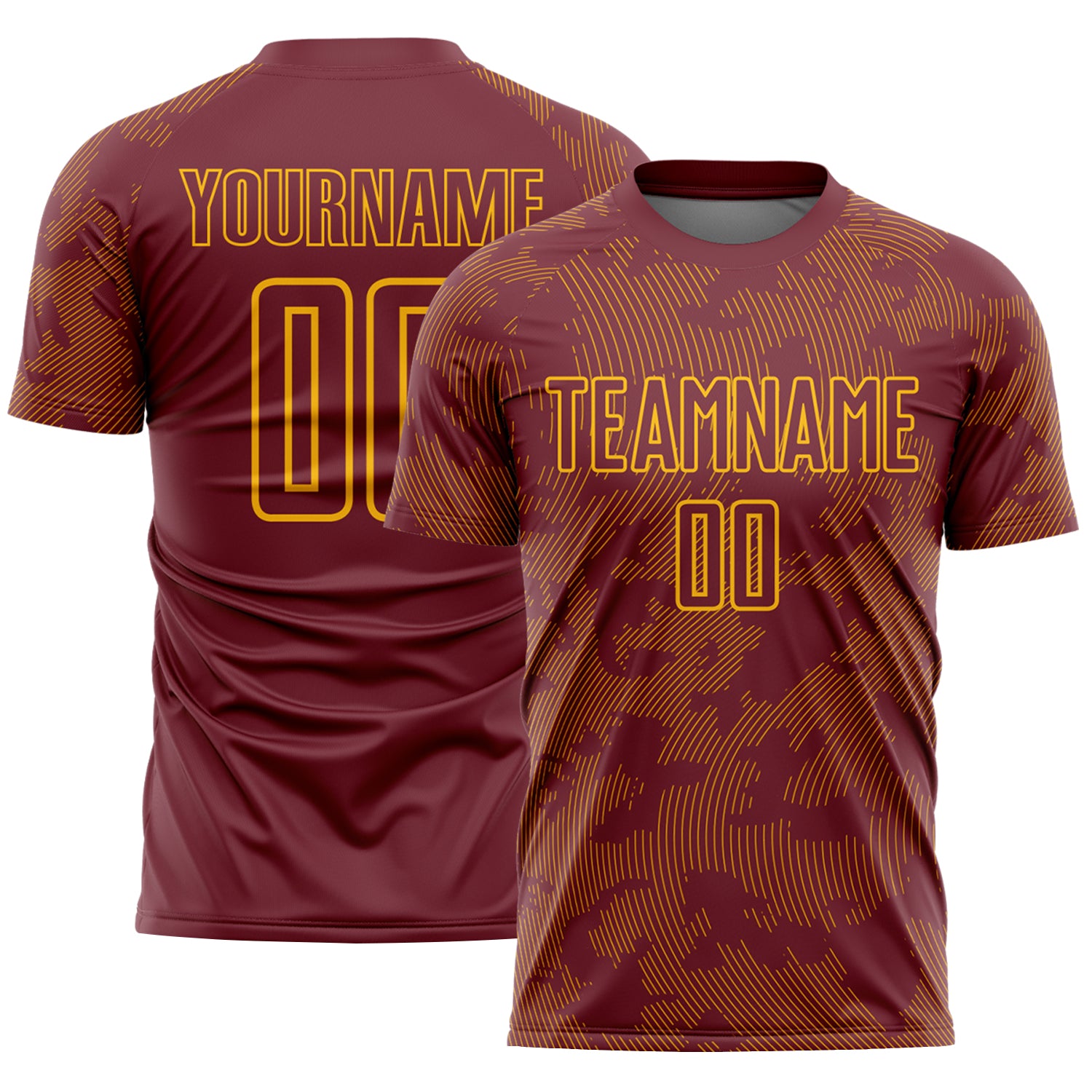 Custom Burgundy-Gold Curve Lines Sublimation Soccer Uniform Jersey