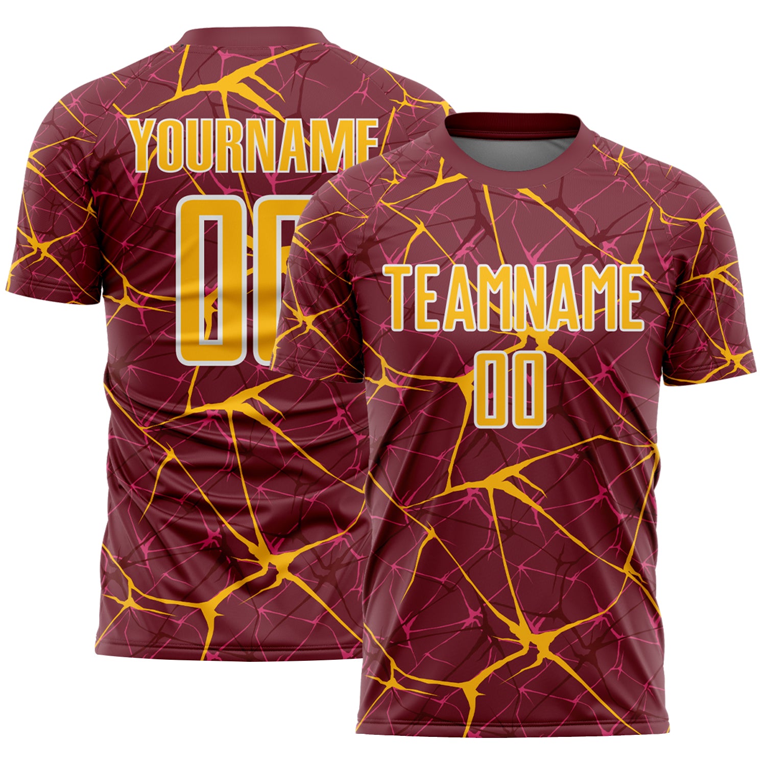 Custom Burgundy Gold-White Abstract Network Crackle Sublimation Soccer Uniform Jersey