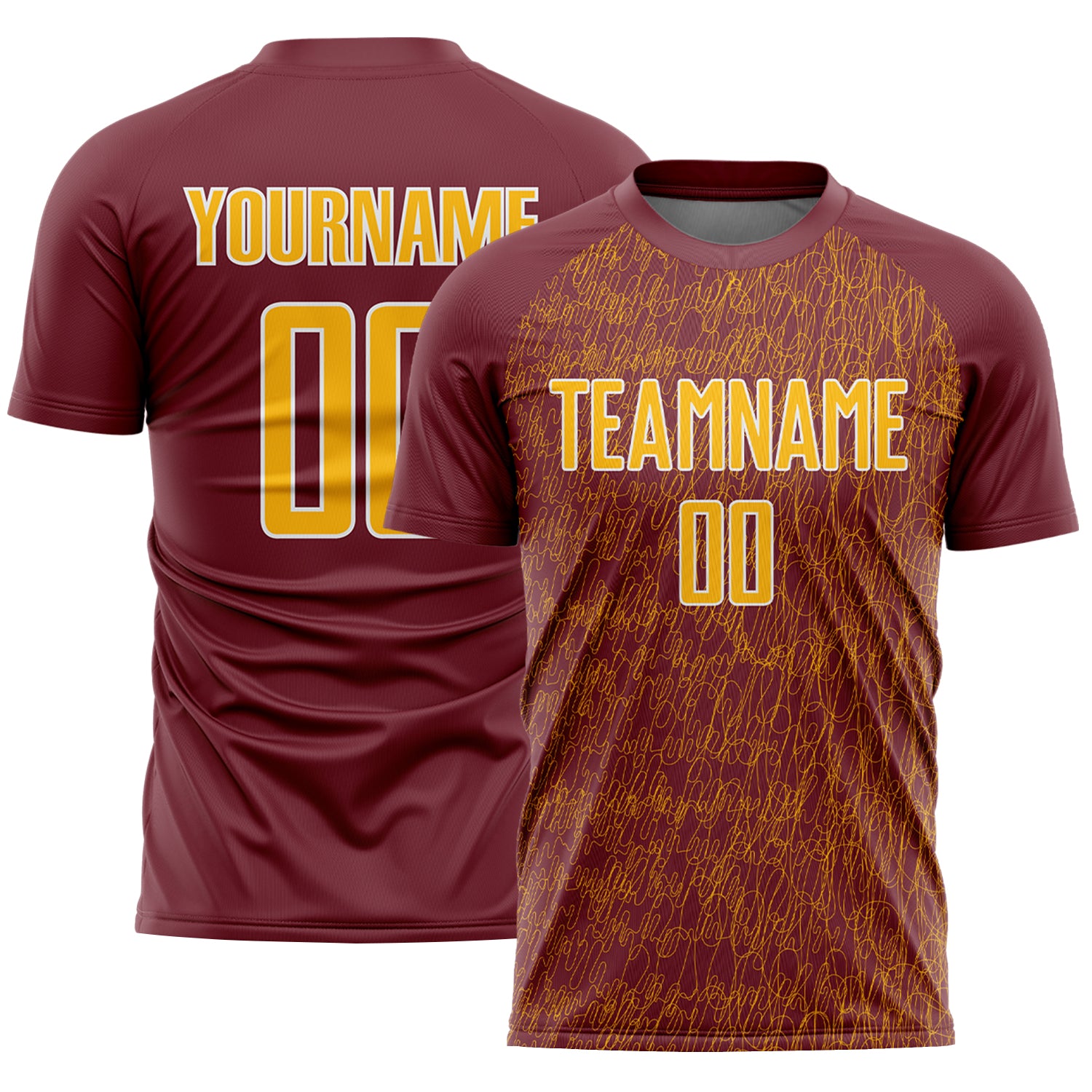Custom Burgundy Gold-White Abstract Scribble Curve Line Pattern Sports Sublimation Soccer Uniform Jersey