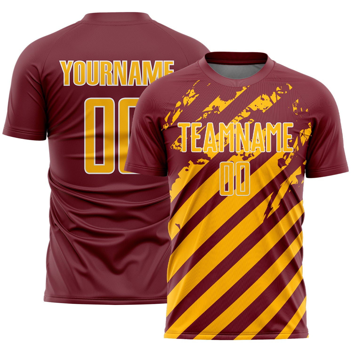 Custom Burgundy Gold-White Distressed Diagonal Stripe Pattern Sports Sublimation Soccer Uniform Jersey