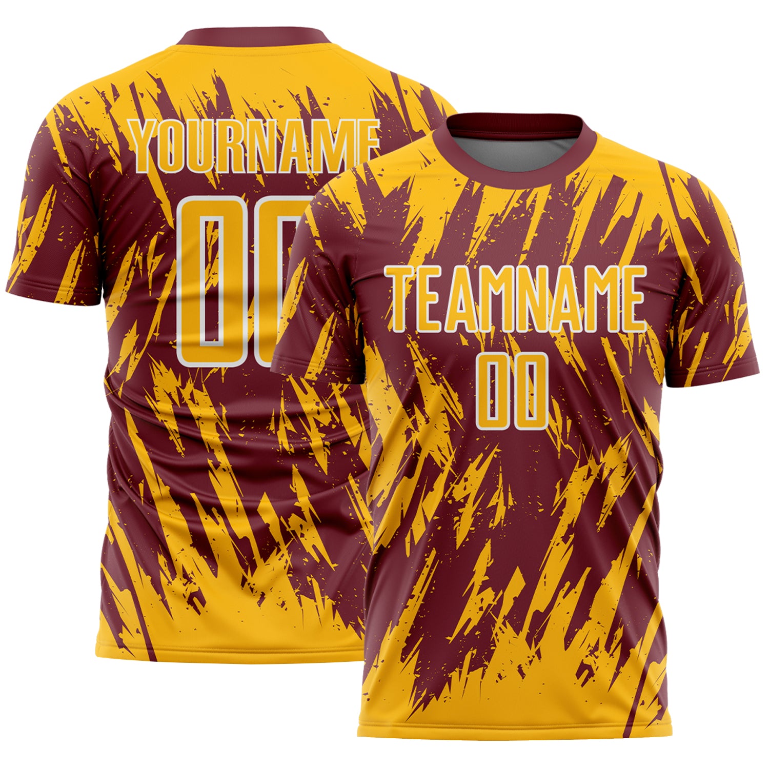 Custom Burgundy Gold-White Splatter Torn Sharp Brush Stroke Sublimation Soccer Uniform Jersey