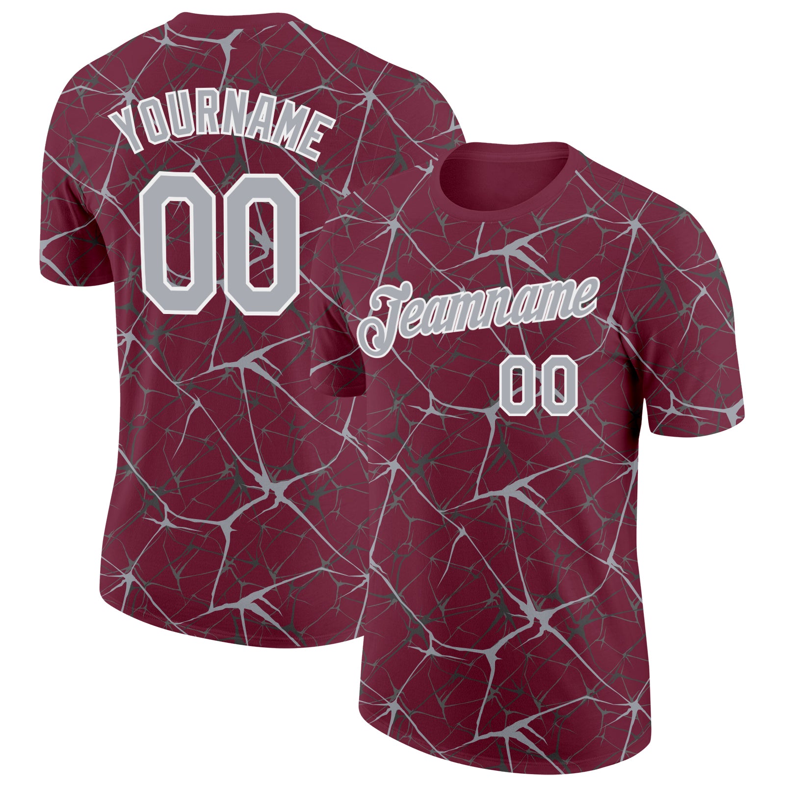 Custom Burgundy Gray-White Abstract Network Crackle Performance T-Shirt