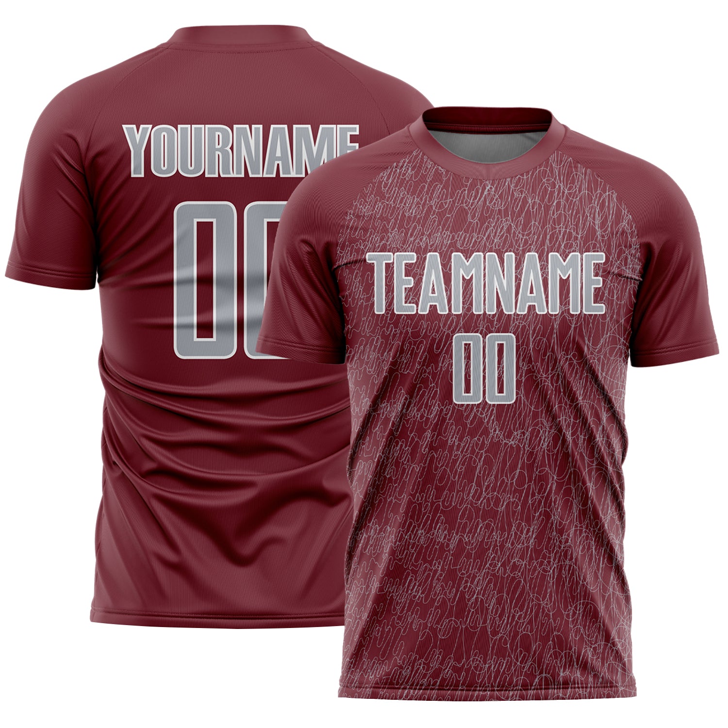 Custom Burgundy Gray-White Abstract Scribble Curve Line Pattern Sports Sublimation Soccer Uniform Jersey