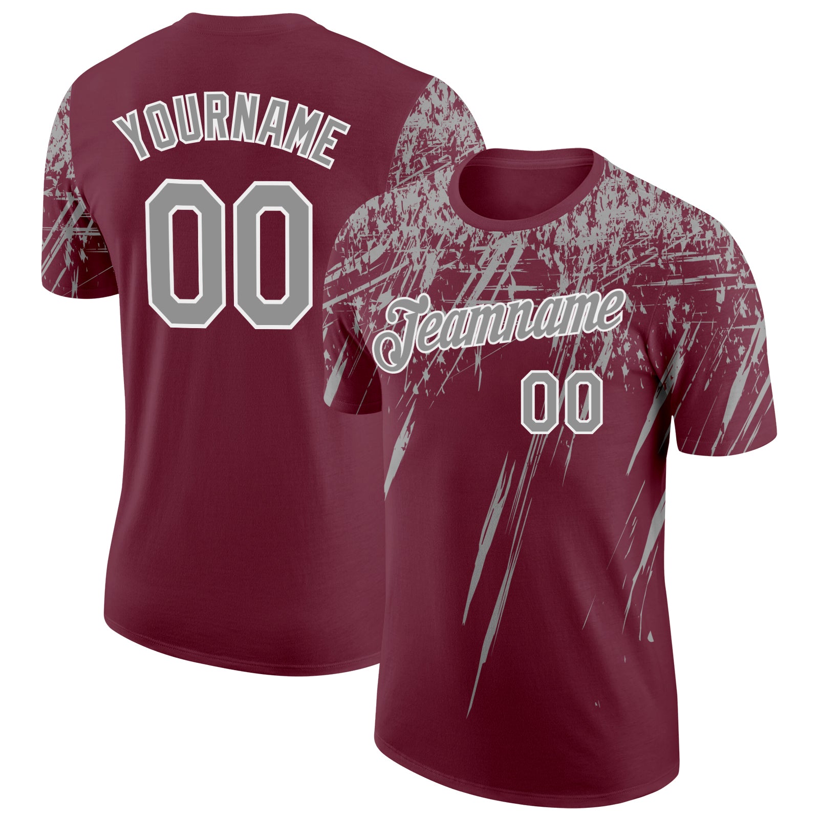 Custom Burgundy Gray-White Distressed Scratch Brush Stroke Performance T-Shirt