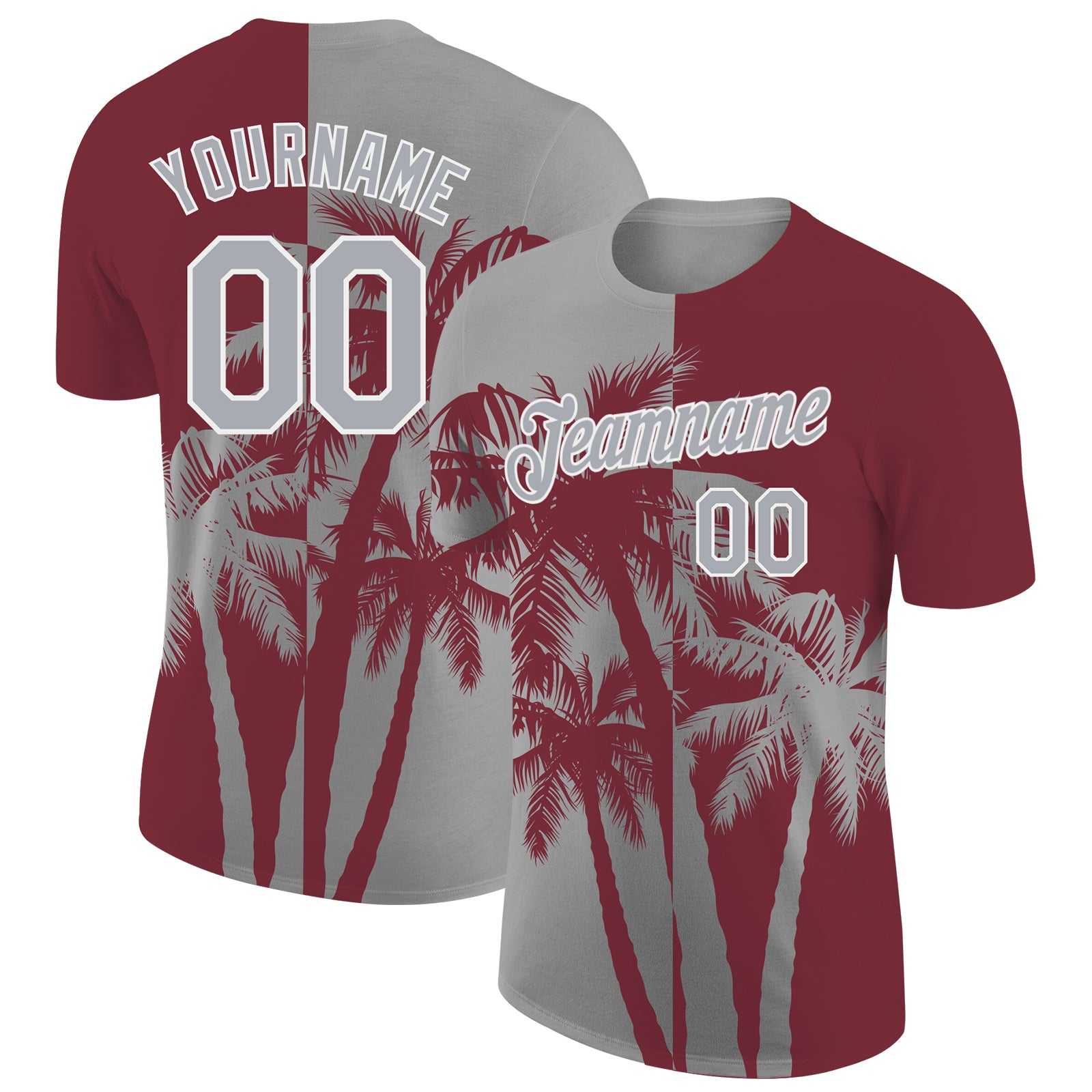 Custom Burgundy Gray-White Hawaii Tropical Coastal Palm Trees Performance T-Shirt