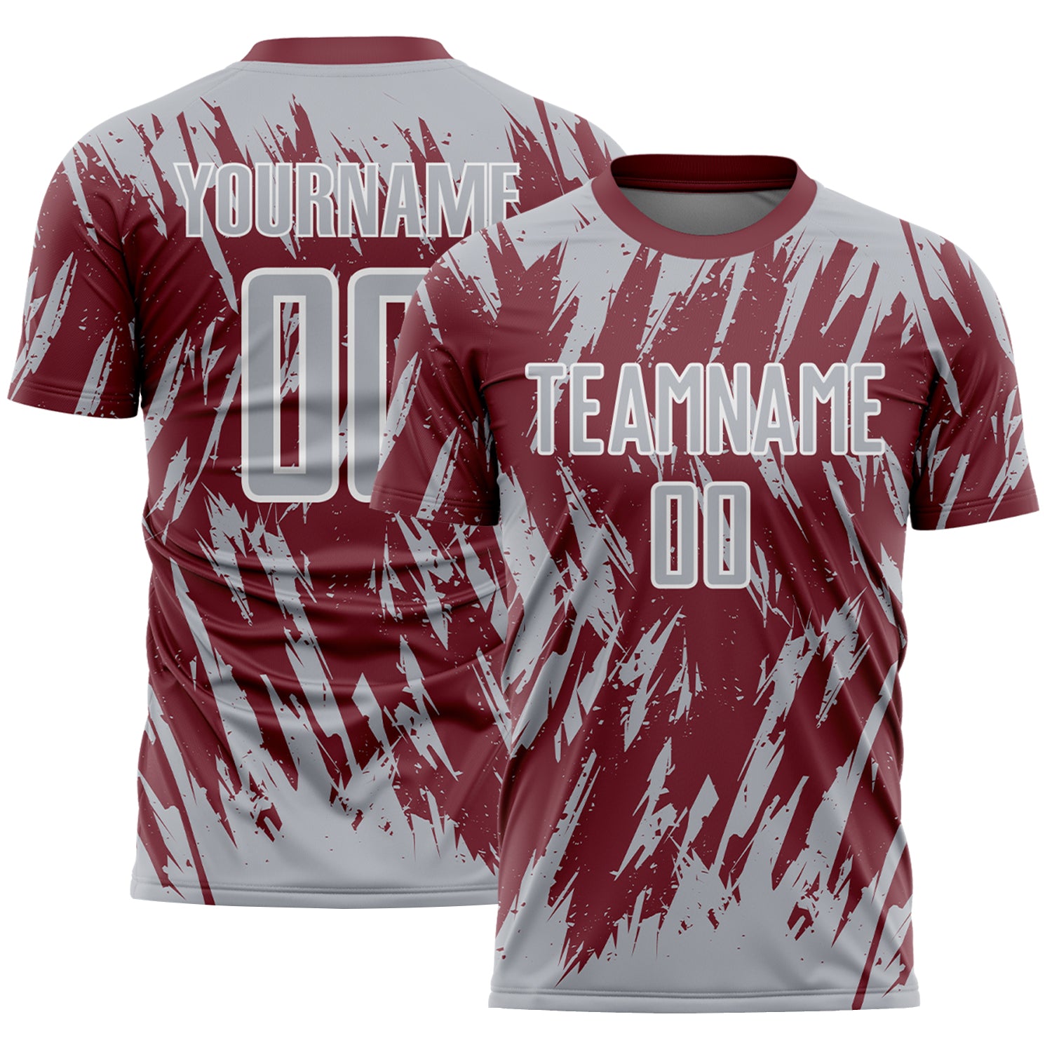 Custom Burgundy Gray-White Splatter Torn Sharp Brush Stroke Sublimation Soccer Uniform Jersey