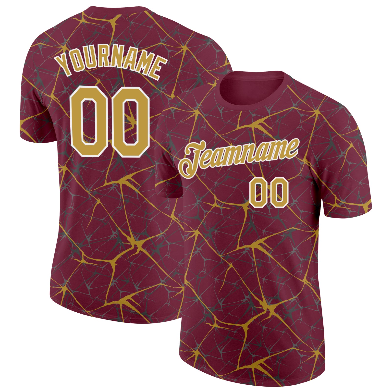 Custom Burgundy Old Gold Gray-White Abstract Network Crackle Performance T-Shirt