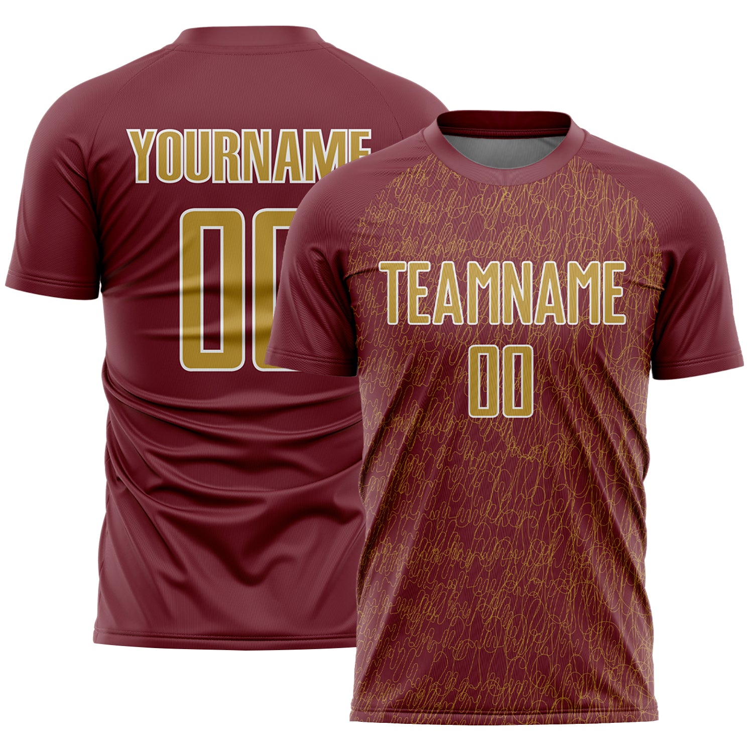 Custom Burgundy Old Gold-White Abstract Scribble Curve Line Pattern Sports Sublimation Soccer Uniform Jersey