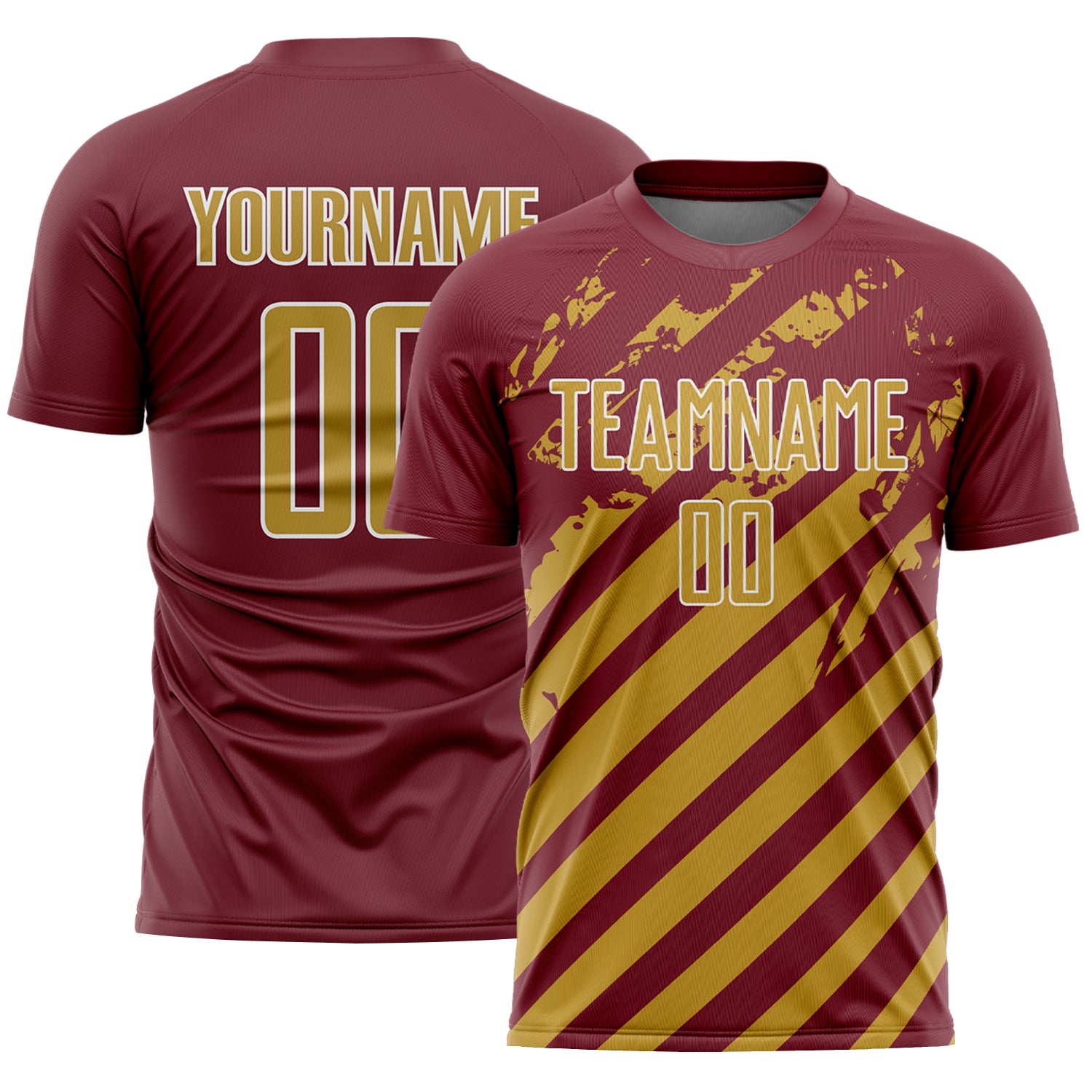 Custom Burgundy Old Gold-White Distressed Diagonal Stripe Pattern Sports Sublimation Soccer Uniform Jersey