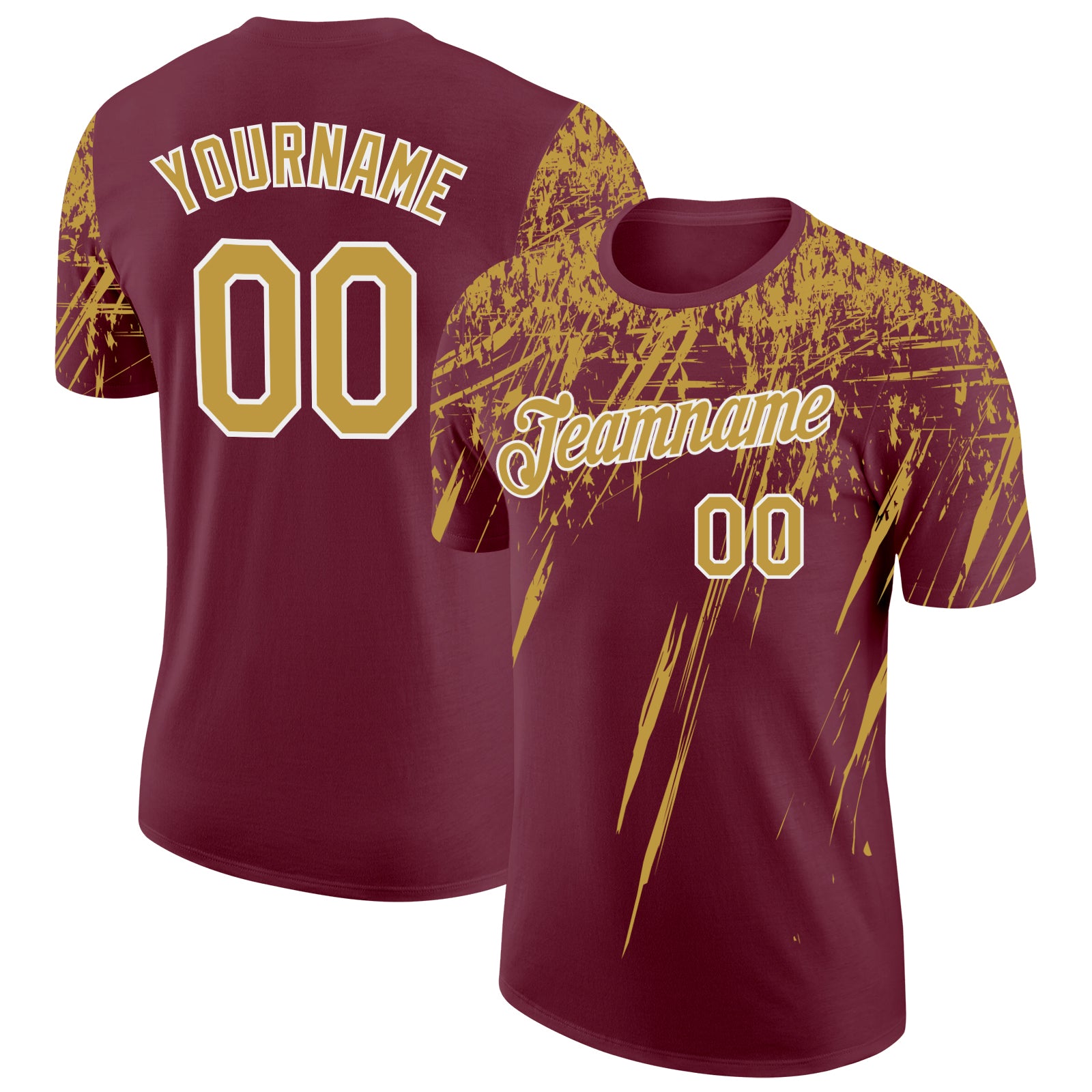 Custom Burgundy Old Gold-White Distressed Scratch Brush Stroke Performance T-Shirt