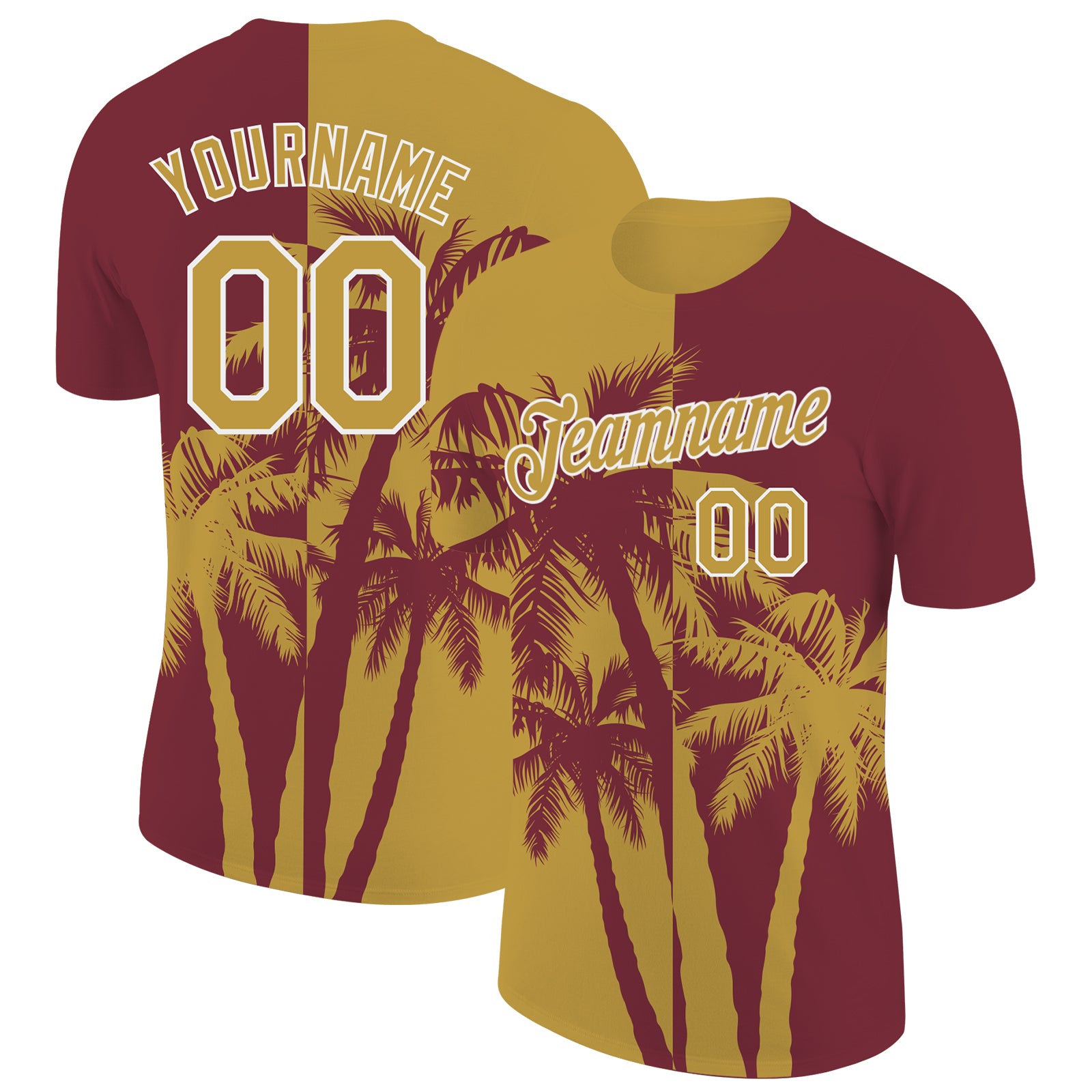 Custom Burgundy Old Gold-White Hawaii Tropical Coastal Palm Trees Performance T-Shirt