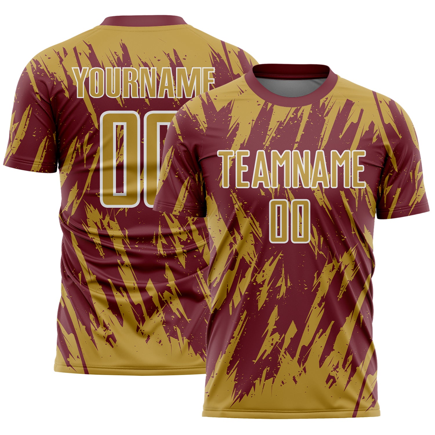 Custom Burgundy Old Gold-White Splatter Torn Sharp Brush Stroke Sublimation Soccer Uniform Jersey