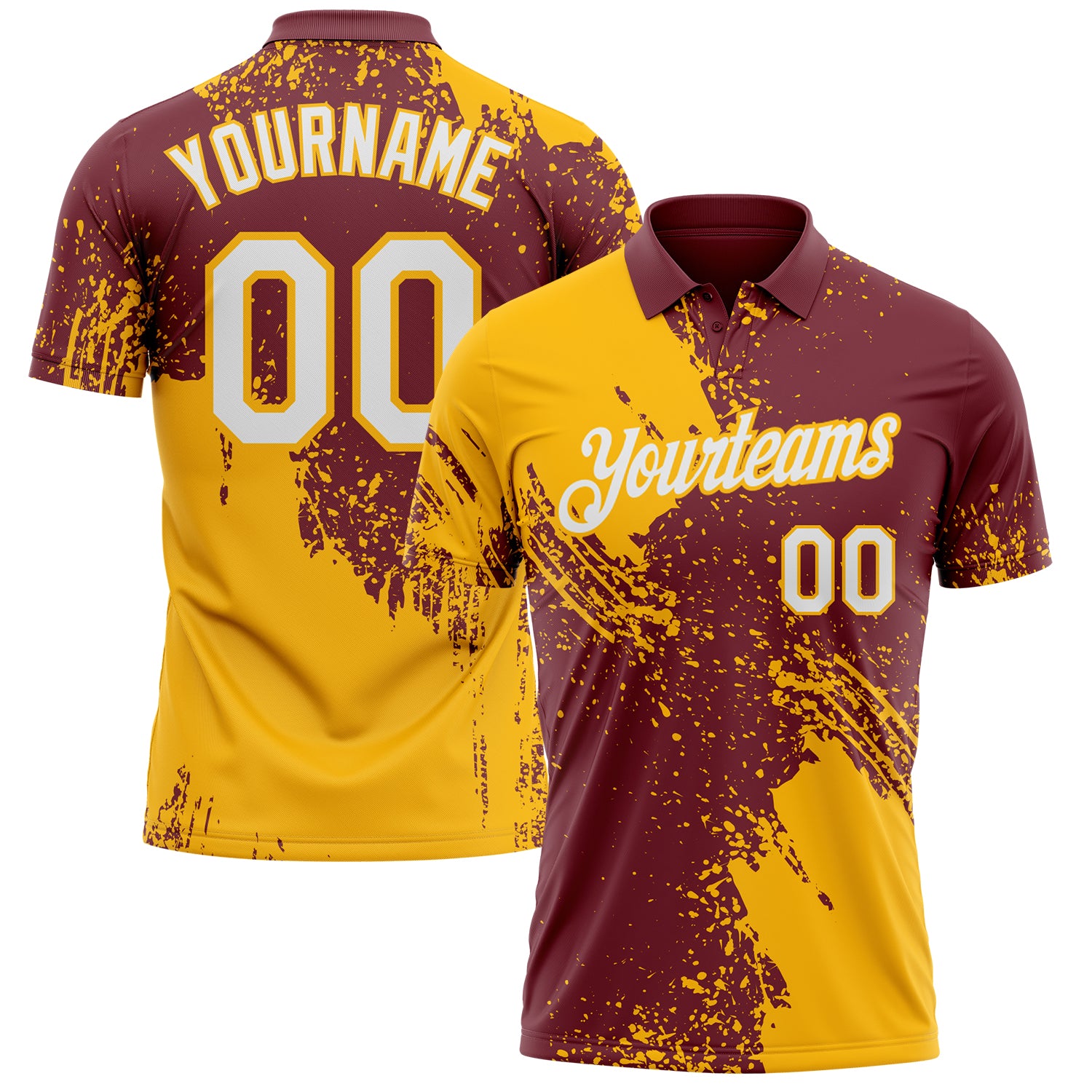 Custom Burgundy White-Gold Distressed Scratch Brush Stroke Performance Polo Shirt